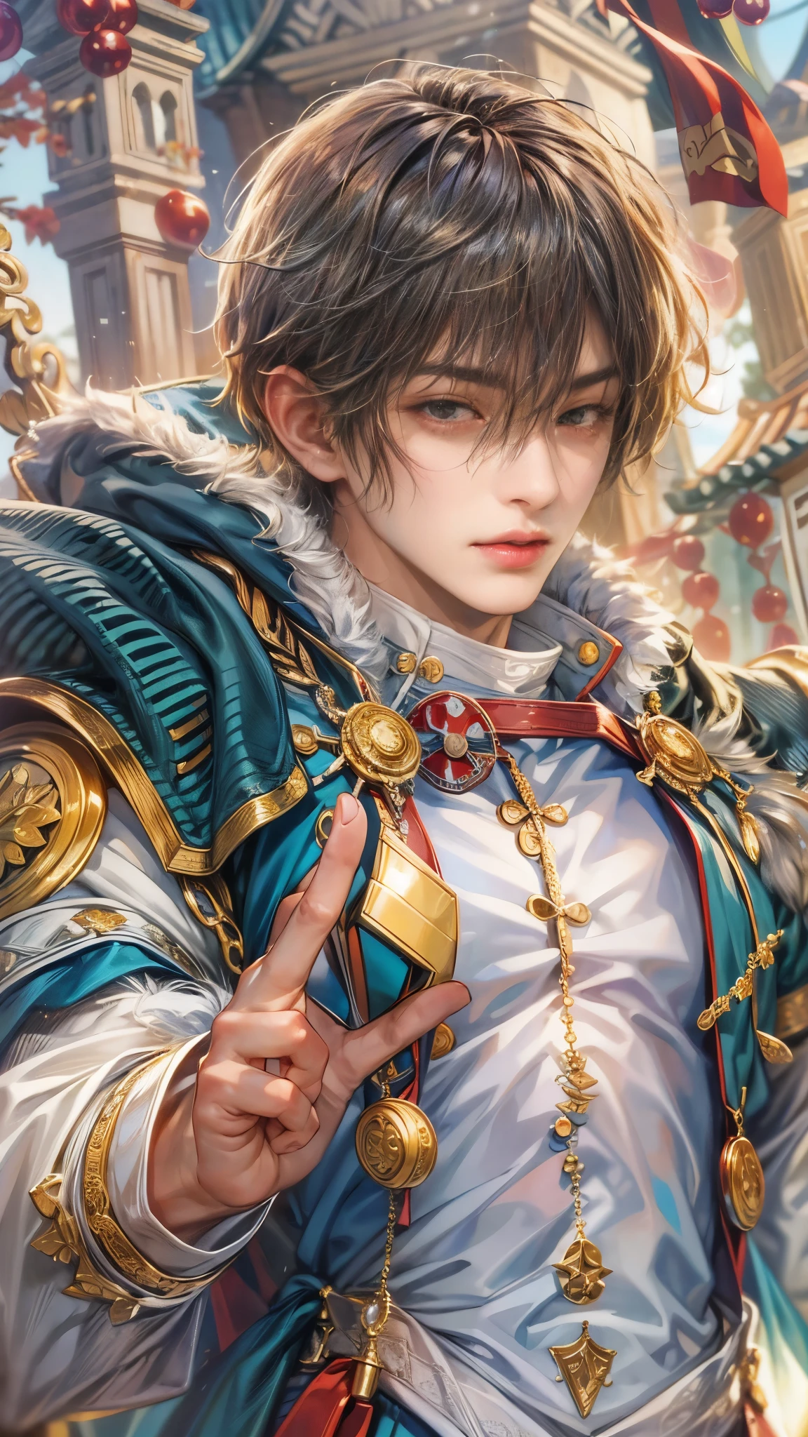 (absurdres, highres, ultra detailed, HDR), masterpiece, intricate details, best quality close-up picture of a character from Ragnarok Online, a character with handsome looks, korean face, obsidian hair, short hair, anime yellow eyes, matured teen, Cleric outfit showing chest, crop top, detailed town of prontera background, festive scenery, detailed character, art kenouji