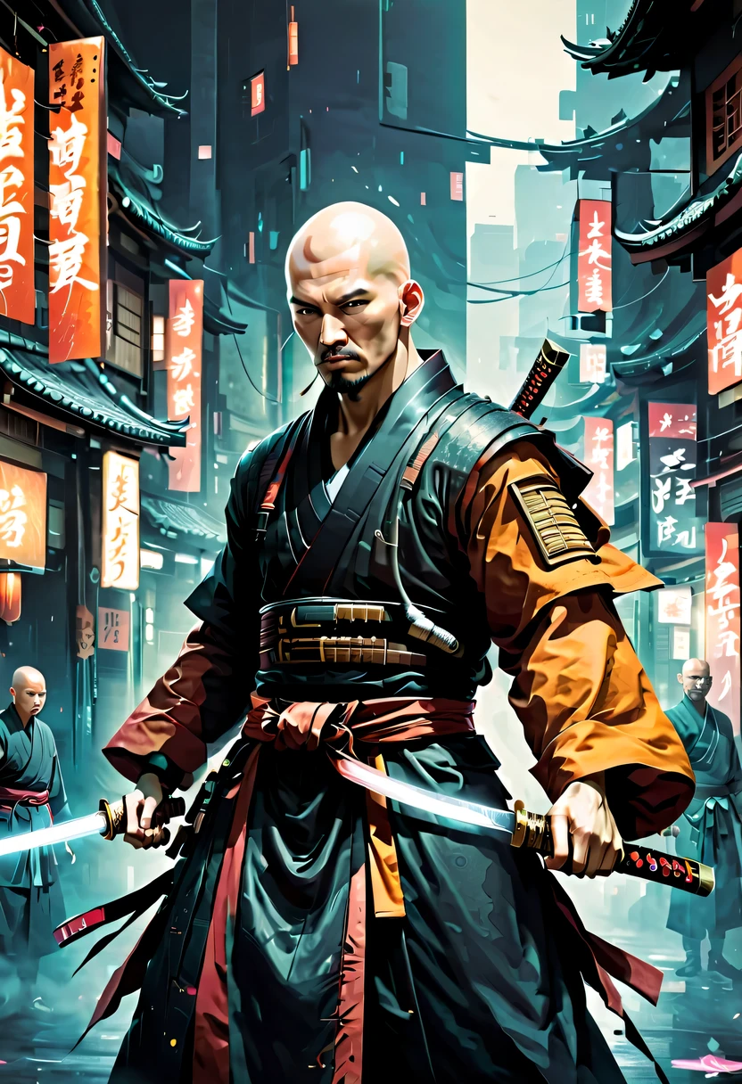 Samurai sword，sh4g0d风格赛博朋克武士，(bald，monk:1.2),bushido,robe，action shots
