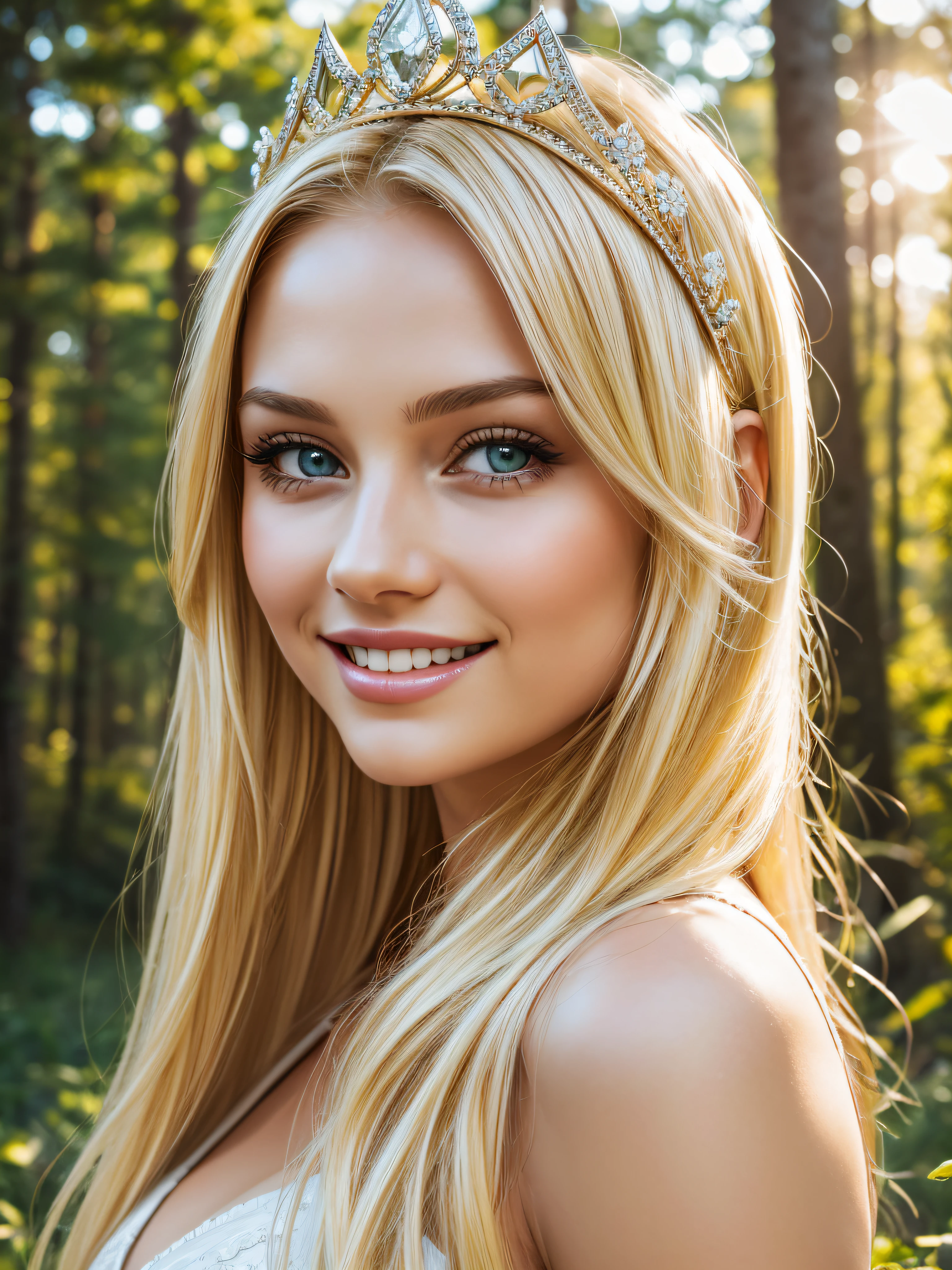 beautiful Ukrainian blonde, wear a diamond crown, bright lips, perfect smile, sunny day, forest background