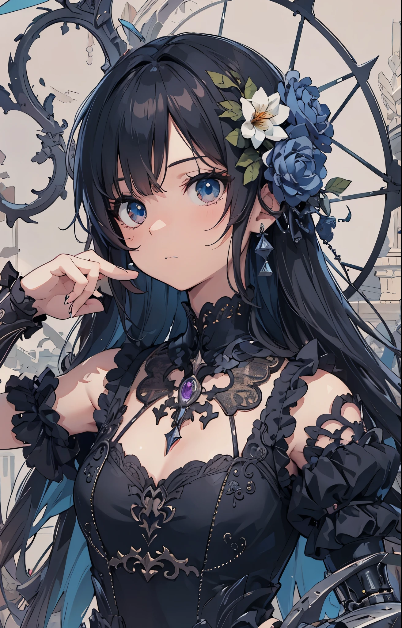 ((Highly accurate drawing in every detail)Extremely precise depiction)[High resolution],(detailed illustrations,とてもfineで緻密な描画,Delicate drawn lines with tempo,Realistic texture expression),[color traced main line],[Ruins of a super ancient civilization],[ANIME] (MACHINEAlice Beauty ) straight long hair [AUTOMATON],([Black Rose] black dress) (cyber alien armor [transparent material]) [thorns] Lock [titanium alloy] [[transparent material]],cybernetic gothic lol[clear lenticular iris],(intricate and beautiful decoration [Dense detail]),(Fine and beautiful skin expression [transparency]),((Precisely drawn eyes))[完璧な目のdetailed((Beautiful eyes like jewels)Iris drawn in precise detail)[clearly drawn pupils]],[eye light[Pinpoint lighting for the eyes]],[long and beautiful eyelashes],[precisely drawn hair [美しく艷やかな髪のdetailed]],(完璧な手のdetailed [Beautiful fingers with no damage [beautiful nails]]),(perfect anatomy(perfectly balanced proportions))[[full body portrait]],[[Highly constructed design]][ideal color coordination(Accurate simulation of light and material interactions)],([precision detail](detailed,高fine)),[Visual art that tells a story],((highest quality)fine[[High density drawing]])(4K quality).