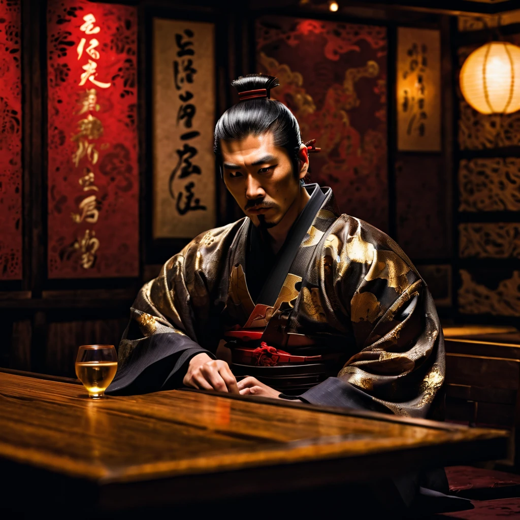 best quality, highres, realistic, detailed male samurai sitting alone in a dimly lit bar, surrounded by numerous women, holding a glass of alcohol, with a sad and drunk expression. The bar is filled with cigarette smoke, creating a hazy atmosphere. The samurai's face is weathered and tired, showing the marks of battle and a hint of sorrow. The women around him are dressed in vibrant and glamorous outfits, emphasizing their allure in contrast to the samurai's melancholy. The bar is dimly lit with warm, golden lighting that casts long shadows. The walls are adorned with traditional Japanese artwork, adding to the atmosphere of the scene. The samurai's glass of alcohol is partially filled with amber liquid, reflecting the flickering light and adding a touch of decadence. The overall color palette is rich and deep, with deep shades of red, black, and gold, enhancing the mysterious and somber mood.