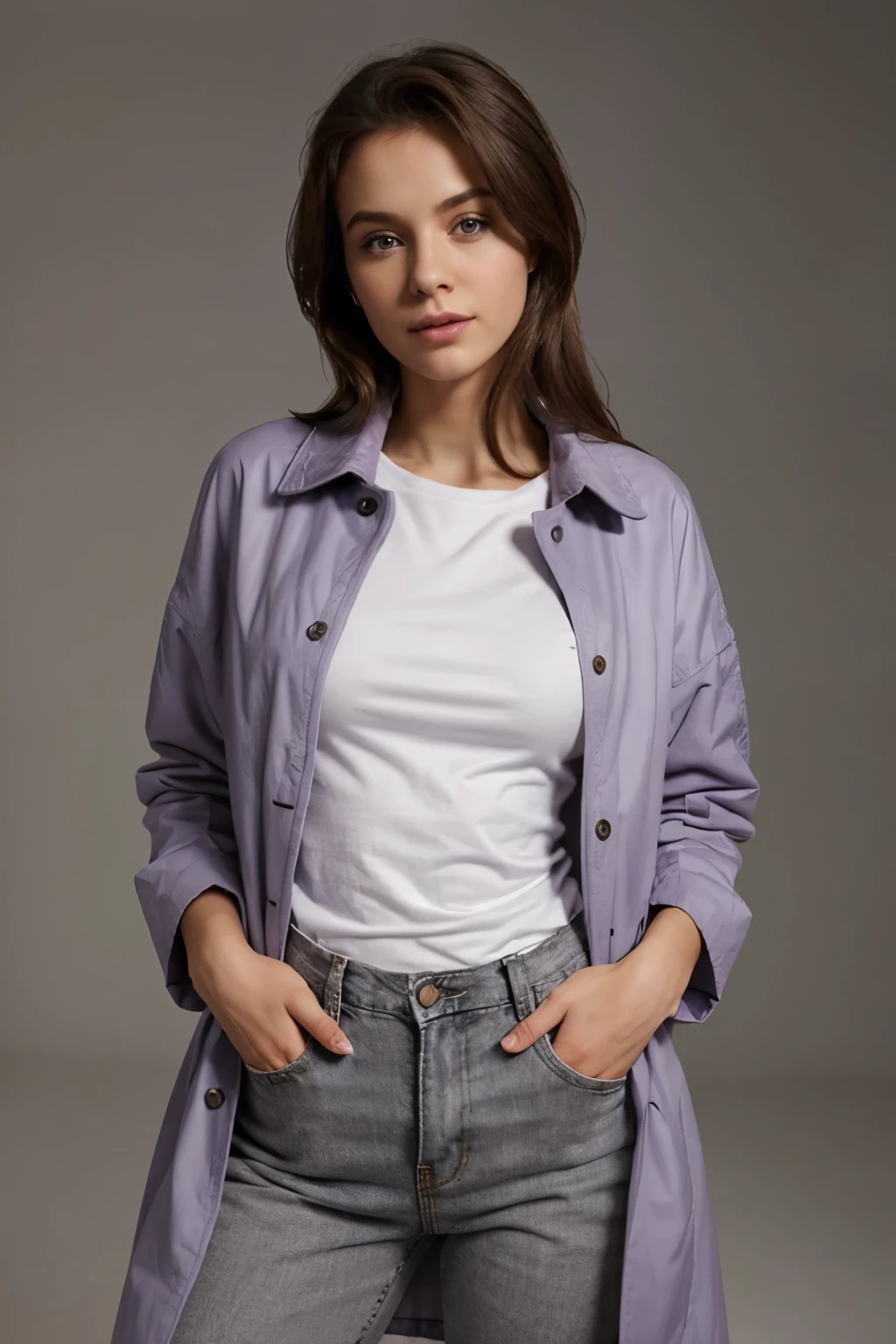 make a woman with a basic lilac t-shirt wearing a coat, on a gray studio background