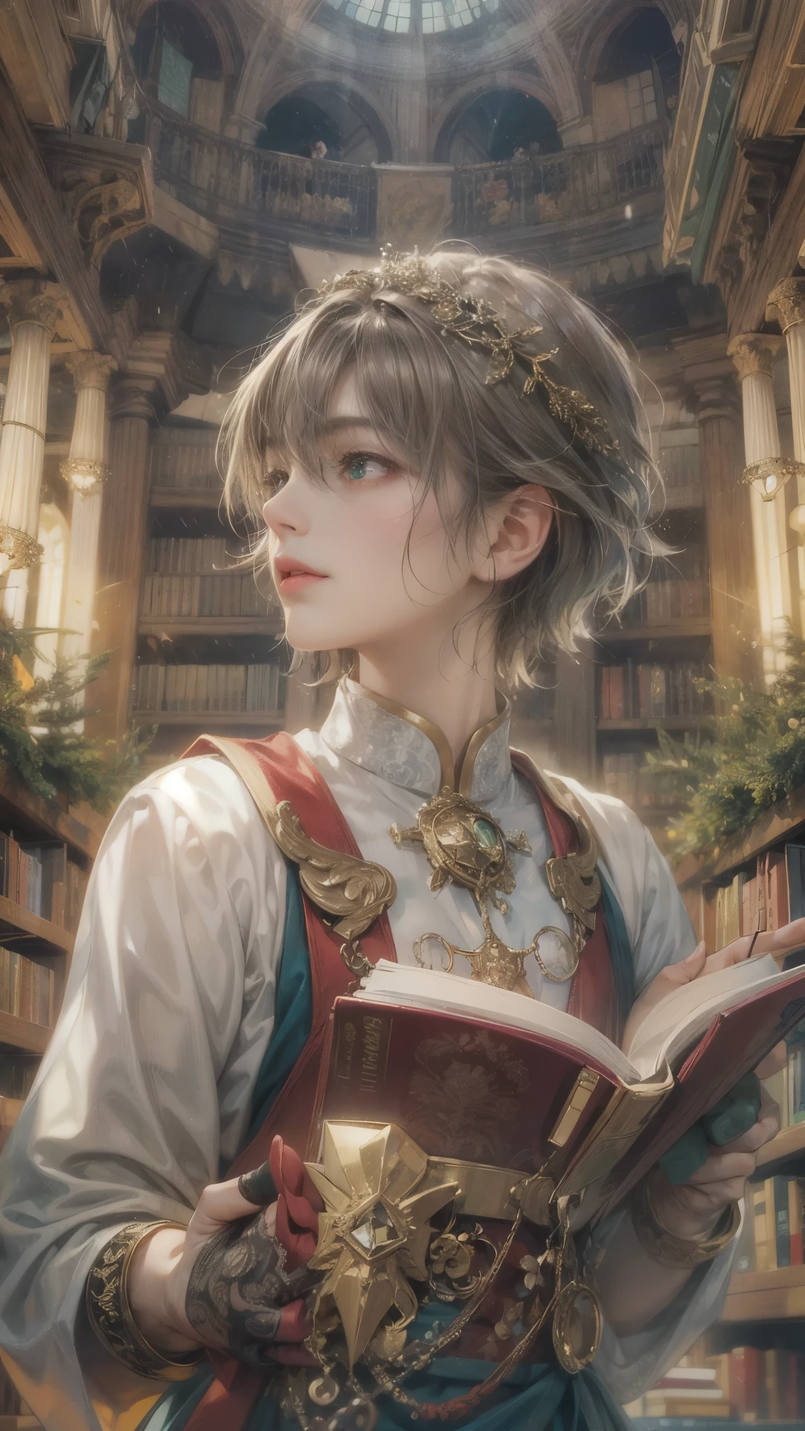 (absurdres, highres, ultra detailed, HDR), masterpiece, intricate details, best quality close-up picture of a character from Ragnarok Online, a character with handsome looks, korean face, obsidian hair, short hair, anime green eyes, matured teen, Cleric outfit showing chest, crop top, detailed magical Library of ymir background, festive scenery, detailed character, art kenouji