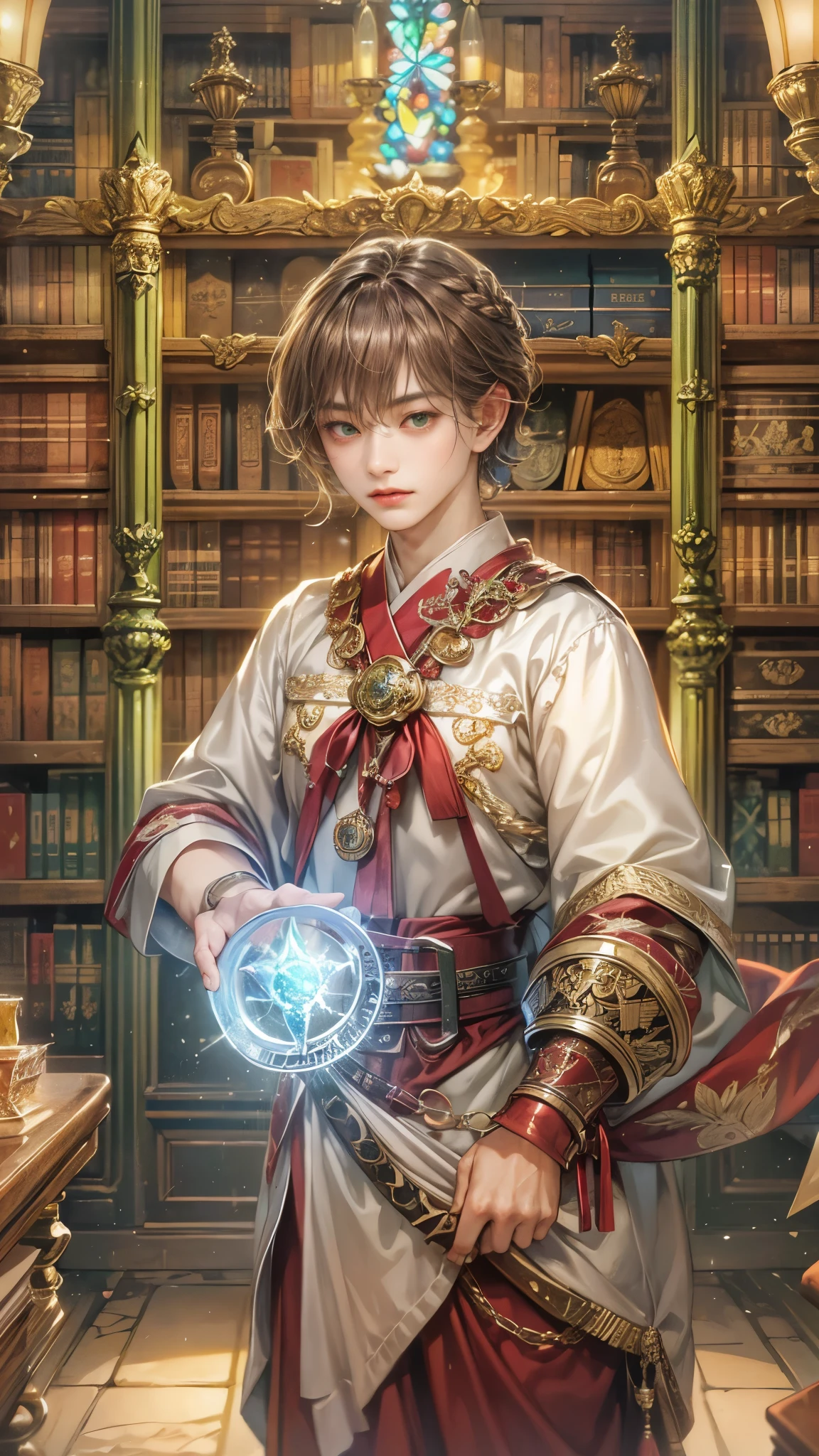 (absurdres, highres, ultra detailed, HDR), masterpiece, intricate details, best quality close-up picture of a character from Ragnarok Online, a character with handsome looks, korean face, obsidian hair, short hair, anime green eyes, matured teen, Cleric outfit showing chest, crop top, detailed magical Library of ymir background, festive scenery, detailed character, art kenouji