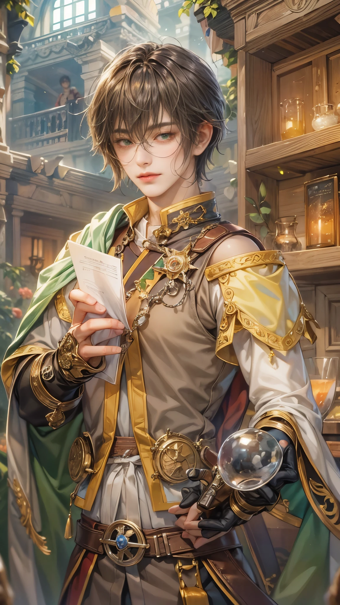 (absurdres, highres, ultra detailed, HDR), masterpiece, intricate details, best quality close-up picture of a character from Ragnarok Online, a character with handsome looks, korean face, obsidian hair, short hair, anime green eyes, matured , Cleric outfit showing chest, crop top, detailed magical Library of ymir background, festive scenery, detailed character, art kenouji