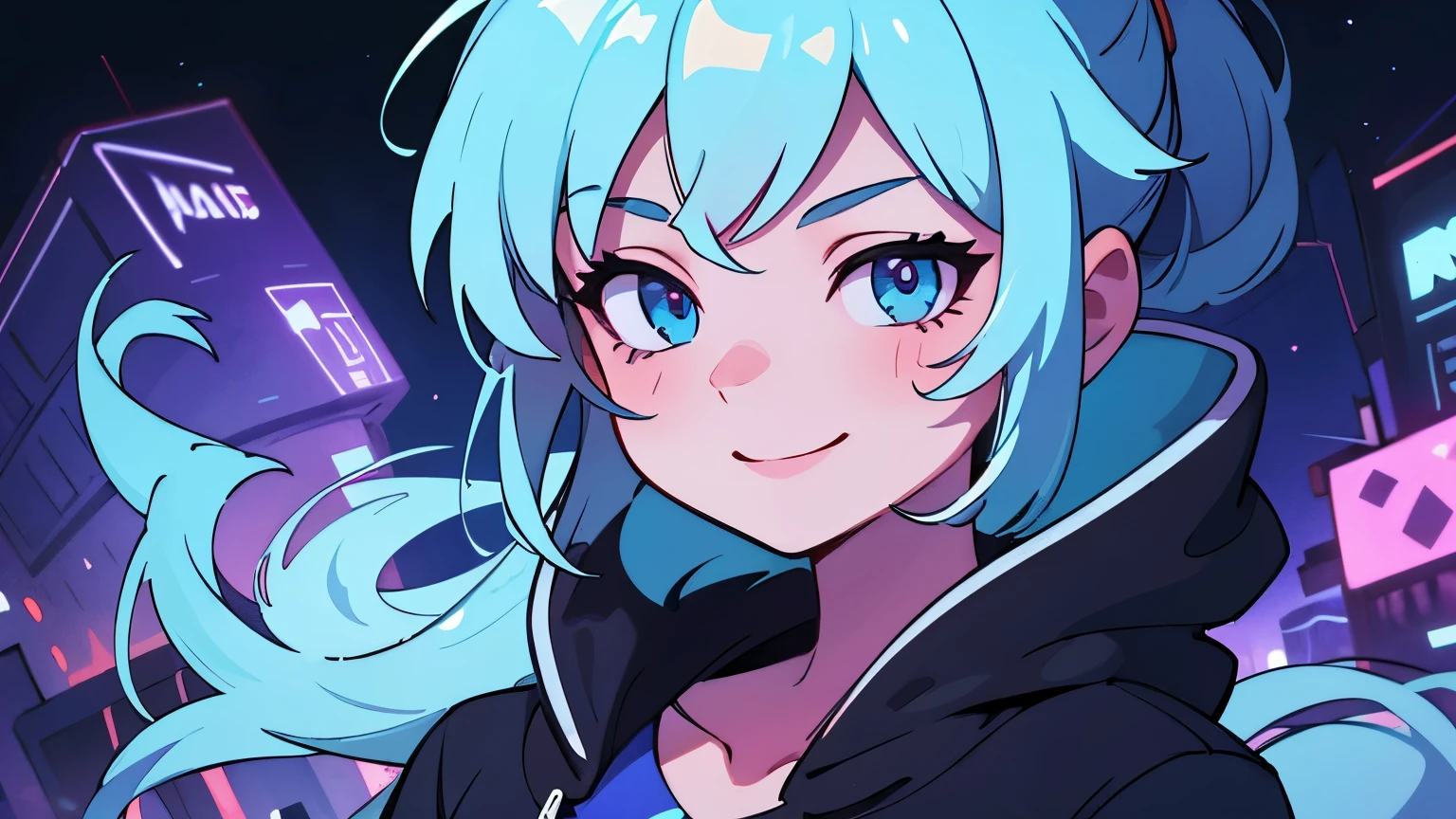 ((best quality)), ((masterpiece)), (detailed), perfect face, detailed background, masterpiece, best quality, smile, ornament, hoodie, portrait, blue neon, graffiti, dark, night, glowing eyes, blacklight