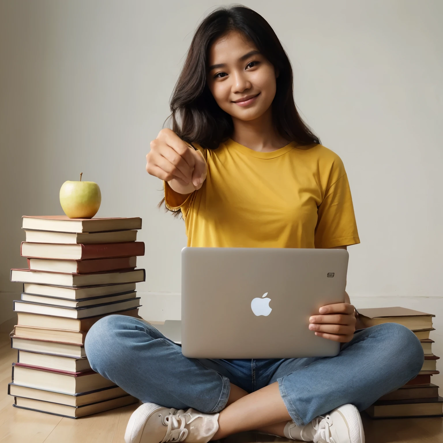 a 24-year-old Indonesian woman wearing a yellow t-shirt, smilling face, sitting cross-legged with an open Apple laptop resting on her thigh, a pile of books beside her. The left hand holds the knee, the right hand shows the thumb towards the right side. photography quality, camera from the front.