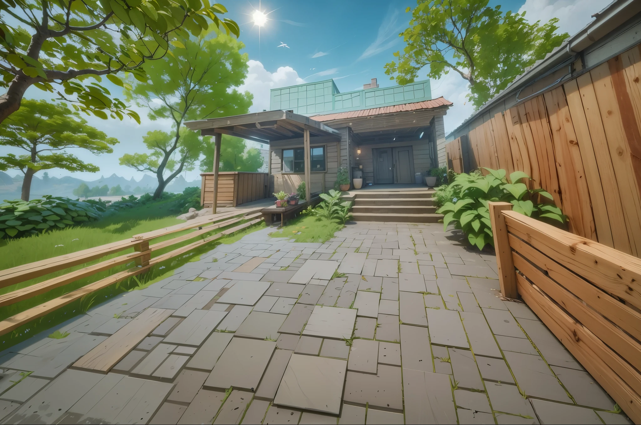 there is a picture of a house with a wooden fence, realism in style of fornite game, rendered in unrealengine, unreal engine style, ( ( unreal engine ) ), simple stylized, photorealistic screenshot, stylized 3d render, matte background. unreal engine, stylized shading, made with unreal engine, 3 d stylize scene