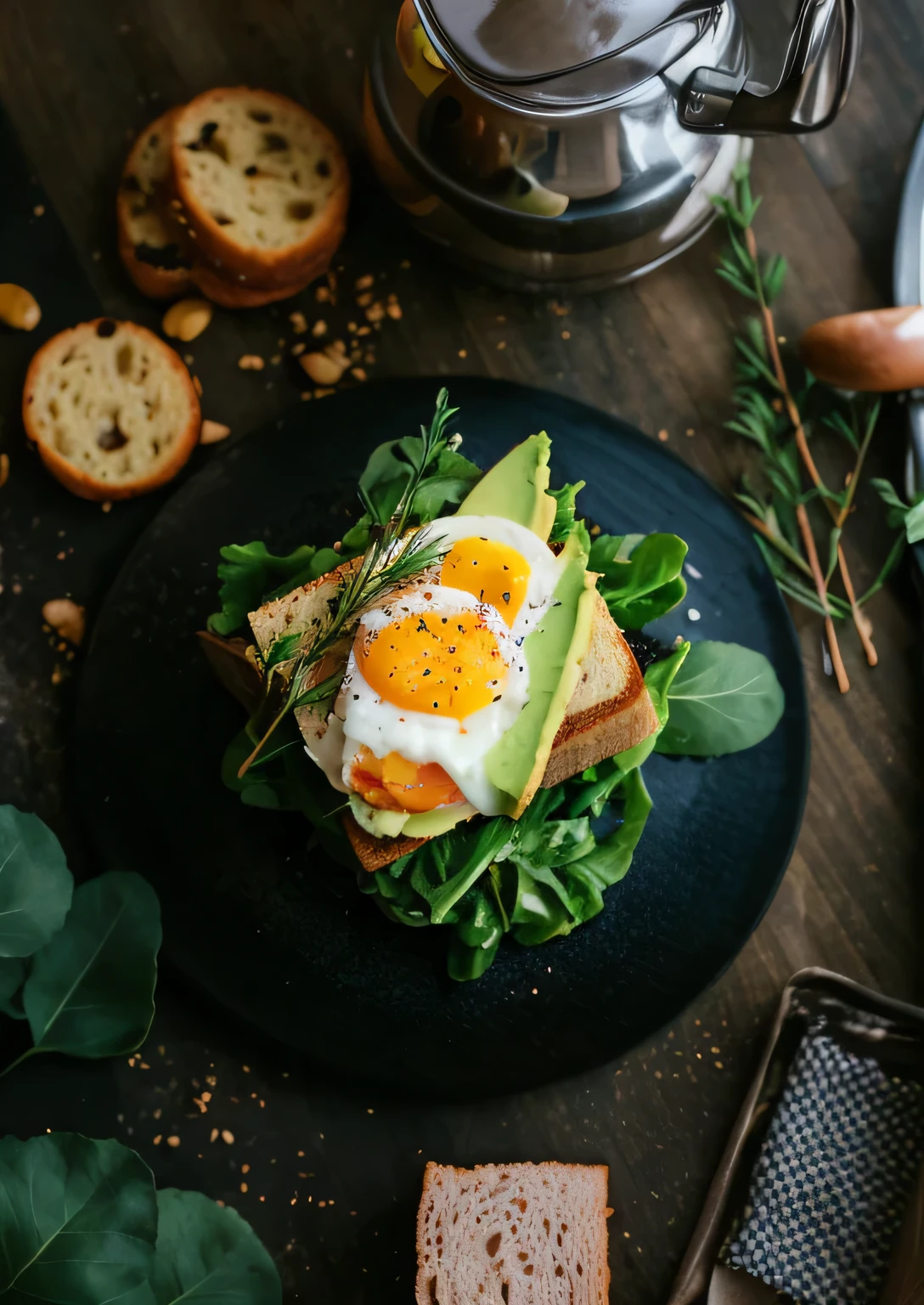 there is a sandwich with an egg and an avocado on it, high quality Photographie culinaire, professional Photographie culinaire, styled Photographie culinaire, Photo culinaire professionnelle, Photographie culinaire gourmet, exceptional detail, style culinaire, close up Photographie culinaire, Photographie culinaire, sur une plaque de bois, 4 k Photographie culinaire, 4k Photographie culinaire, hd Photographie culinaire, photo culinaire primée, amazing Photographie culinaire