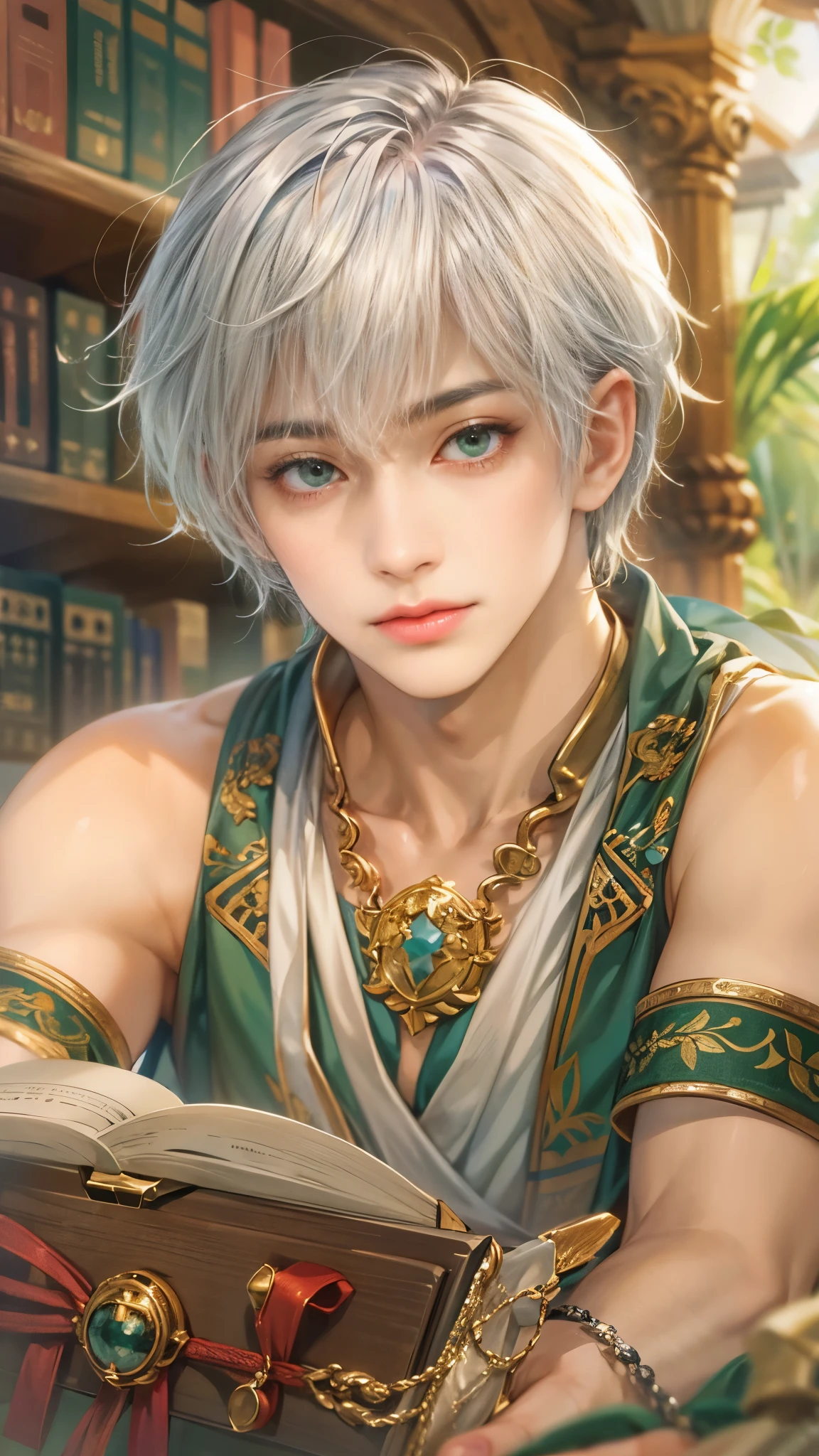 (absurdres, highres, ultra detailed, HDR), masterpiece, intricate details, best quality close-up picture of a character from Ragnarok Online, a character with handsome looks, korean face, silver hair, short hair, anime green eyes, matured teen, sage outfit showing chest, crop top, detailed magical Library of ymir background, festive scenery, detailed character, art kenouji