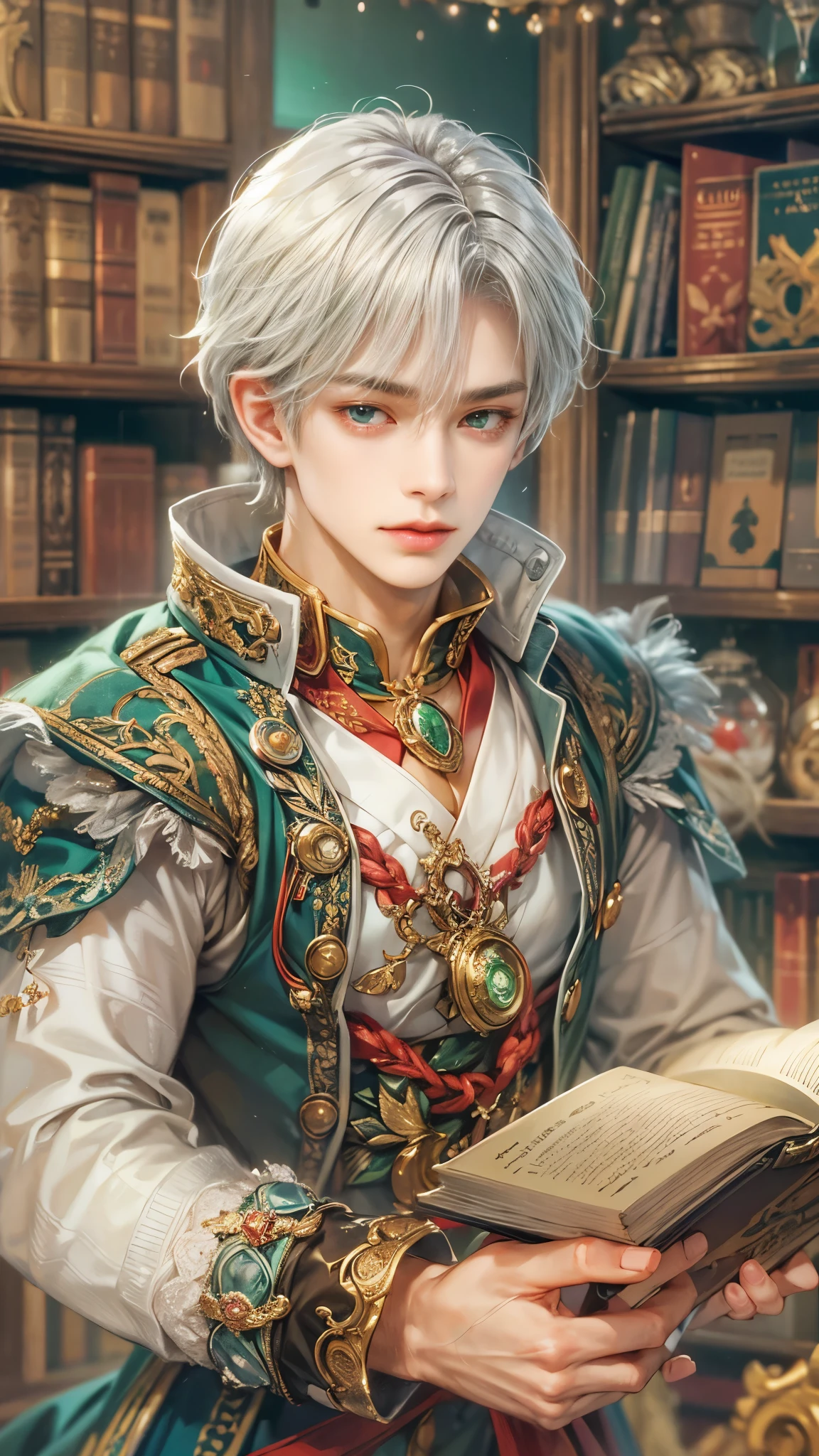 (absurdres, highres, ultra detailed, HDR), masterpiece, intricate details, best quality close-up picture of a character from Ragnarok Online, a character with handsome looks, korean face, silver hair, short hair, anime green eyes, matured teen, sage outfit showing chest, crop top, detailed magical Library of ymir background, festive scenery, detailed character, art kenouji
