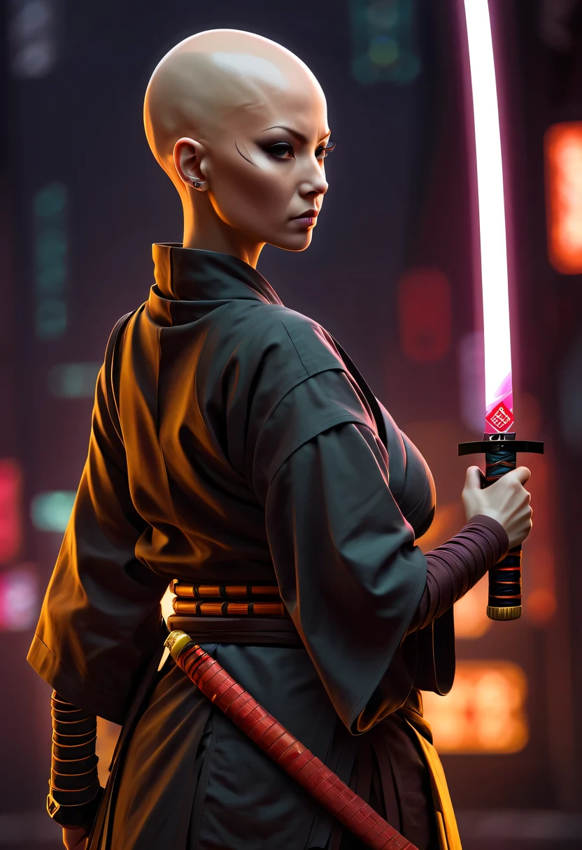 Samurai sword，sh4g0d风格赛博朋克女战士，(bald，monk:1.2),bushido,robe