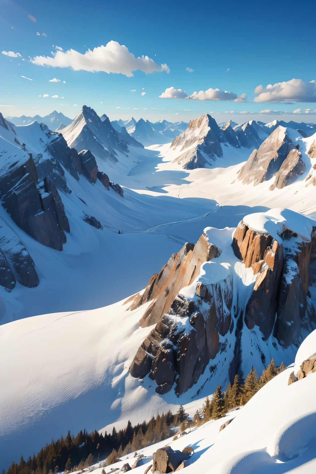 Mountain range tops covered in snow in a sunny weather