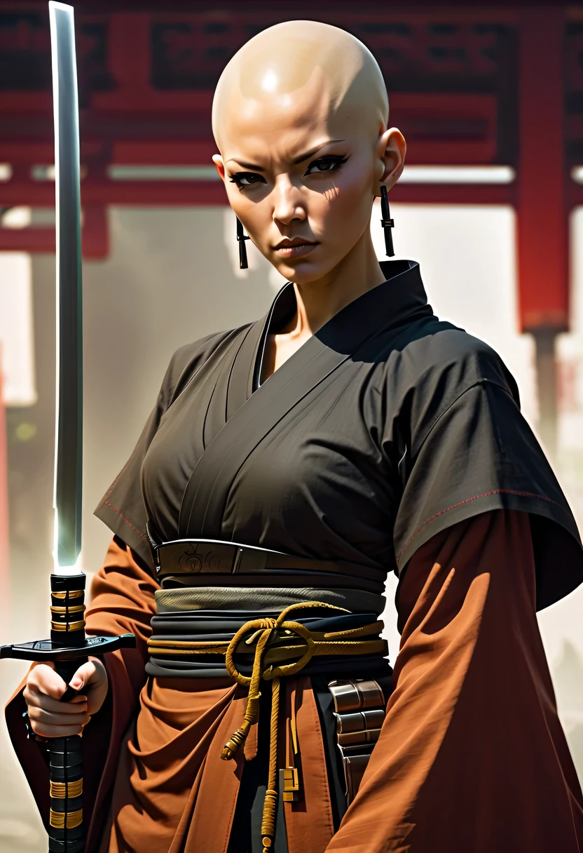 Samurai sword，sh4g0d风格赛博朋克女战士，(bald，monk:1.2),bushido,robe