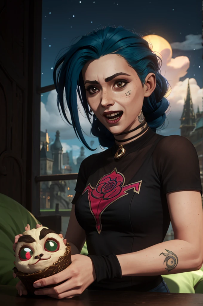 estilo arcano, 1 chica, retrato de cara cercana, arm tatuaje, asymmetrical golpes, golpes, pelo azul, trenza, brown camisa, cloud tatuaje, Mira al espectador, laugh, loco, uncontrollable laughter, mirada enojada, noche, ciudad, pelo verde, pelo largo, stomach, ojos rosados, labios rojos, camisa, Solo, de pie, tatuaje, twin trenzas, parte superior del cuerpo, curse arcana, curse \(League of Legends\)
