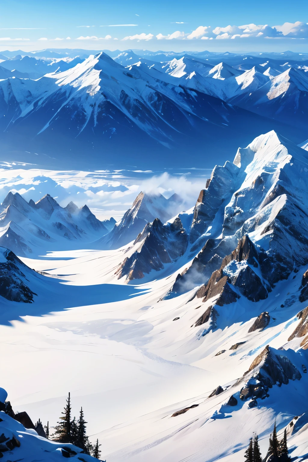 Mountain range tops covered in snow in a sunny weather