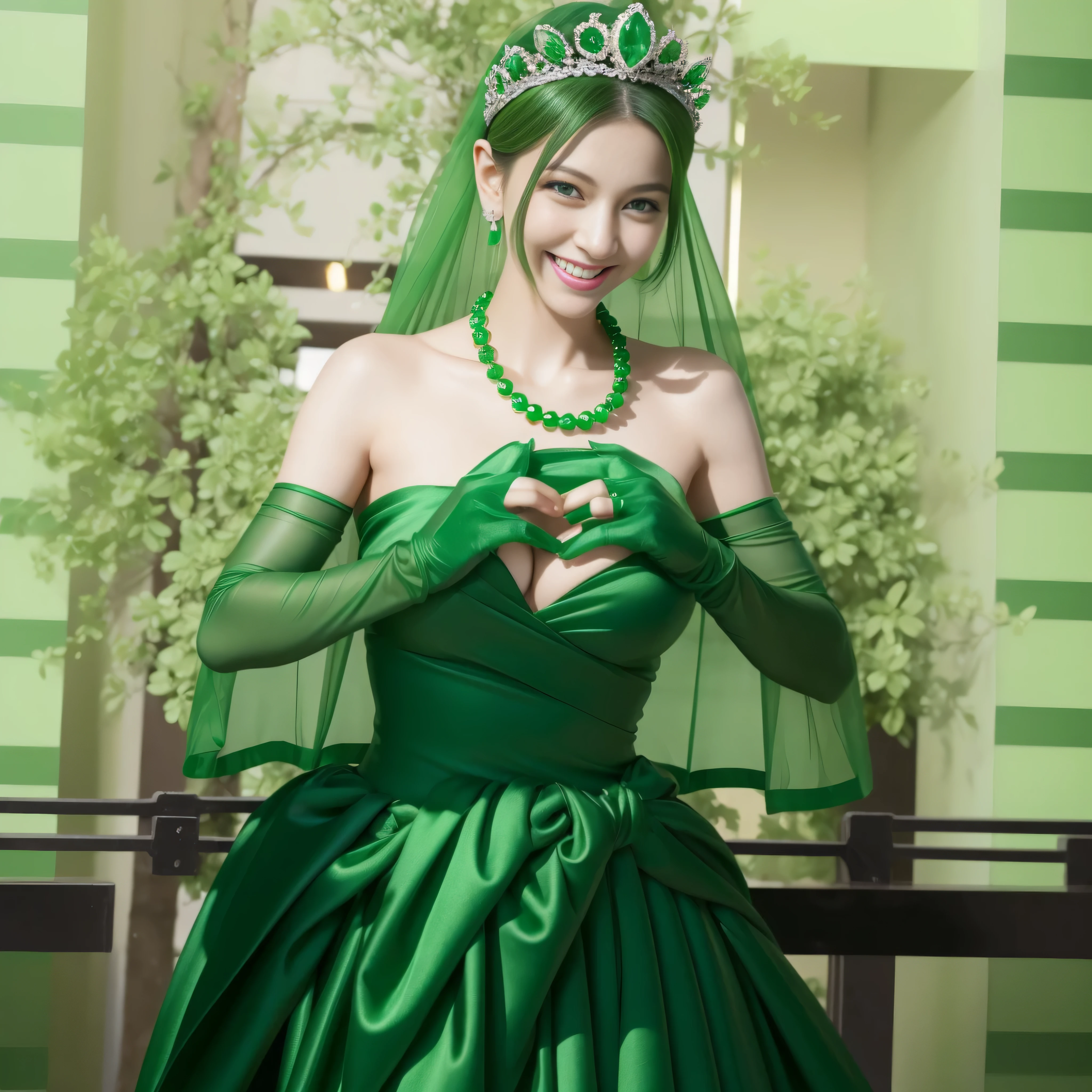 emerald tiara, Green Pearl Necklace, Boyish green berry short hair, lipstick, smiling Japanese woman, very short hair, big breasts beautiful, green eyes, green satin long gloves, green eyes, v sign, emerald earrings, Green veil, green lip gloss
