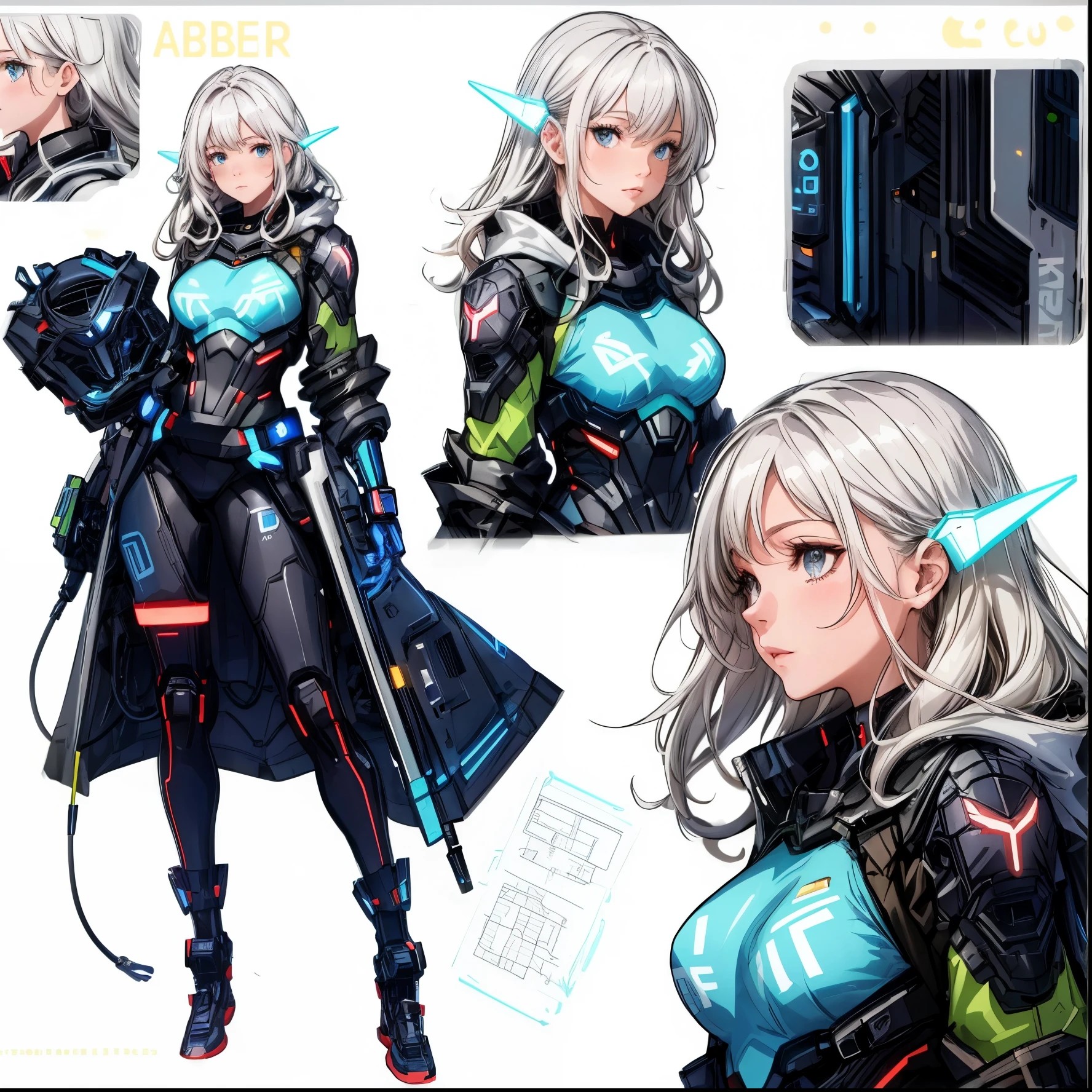 (CharacterSheet:1), (three view drawing), (multiple views, full body, upper body, reference sheet:1.2), (simple background, white background), (simple background, white background), cyborg girl, futuristic, cyberpunk