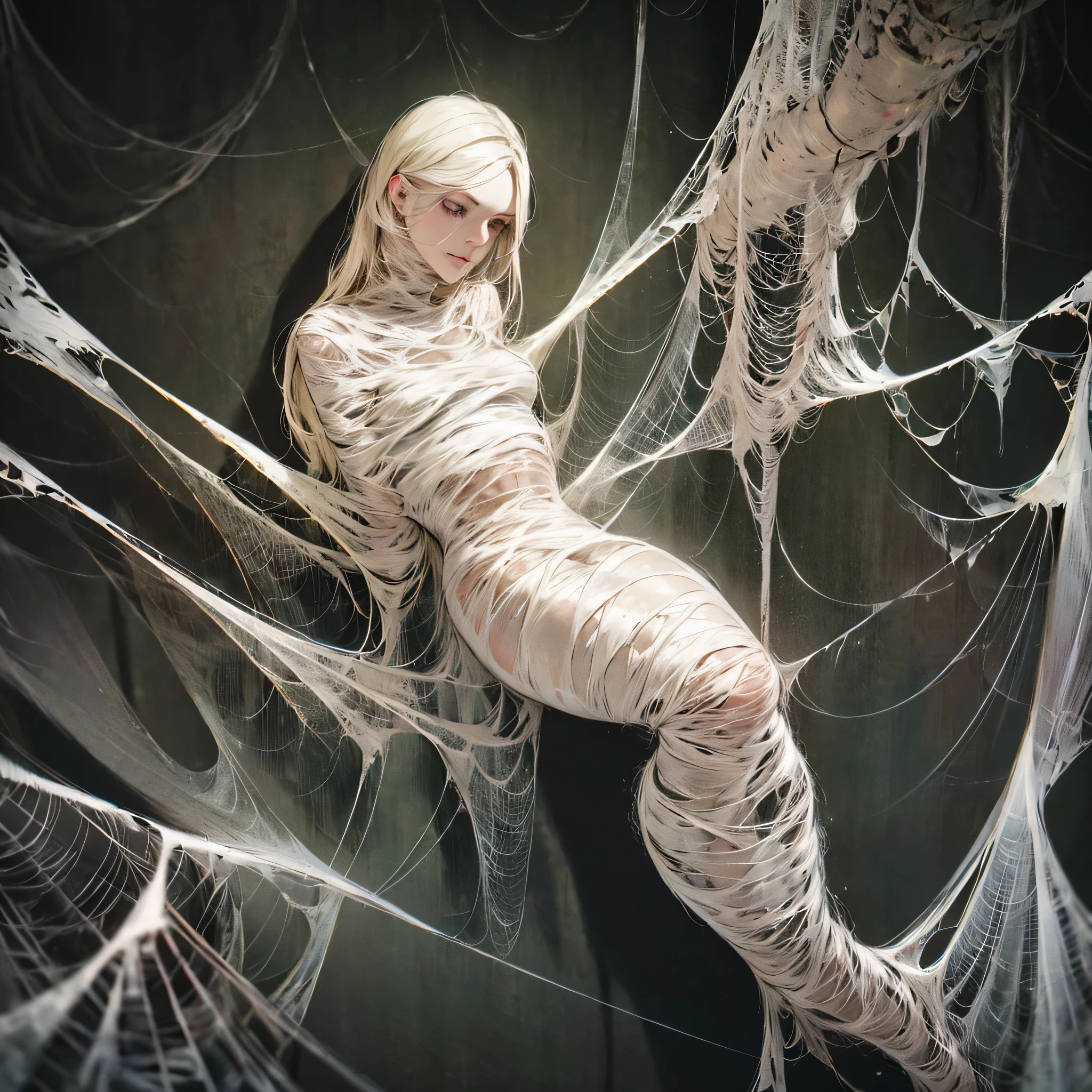 1girl,web covered with dew, dimly lit, eerie atmosphere, dark colors, dusty chalkboard, old desks and chairs, broken windows, torn textbooks, abandoned spider's nest, 2 students in the background studying diligently, rays of sunlight filtering through the cracks. (best quality, highres), (realistic:1.37), oil painting, dramatic lighting, muted tones. (cocoon:1.3)