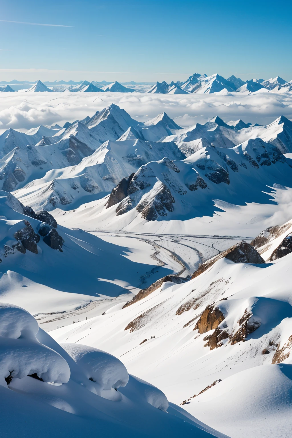 Mountain range tops covered in snow in a sunny weather
