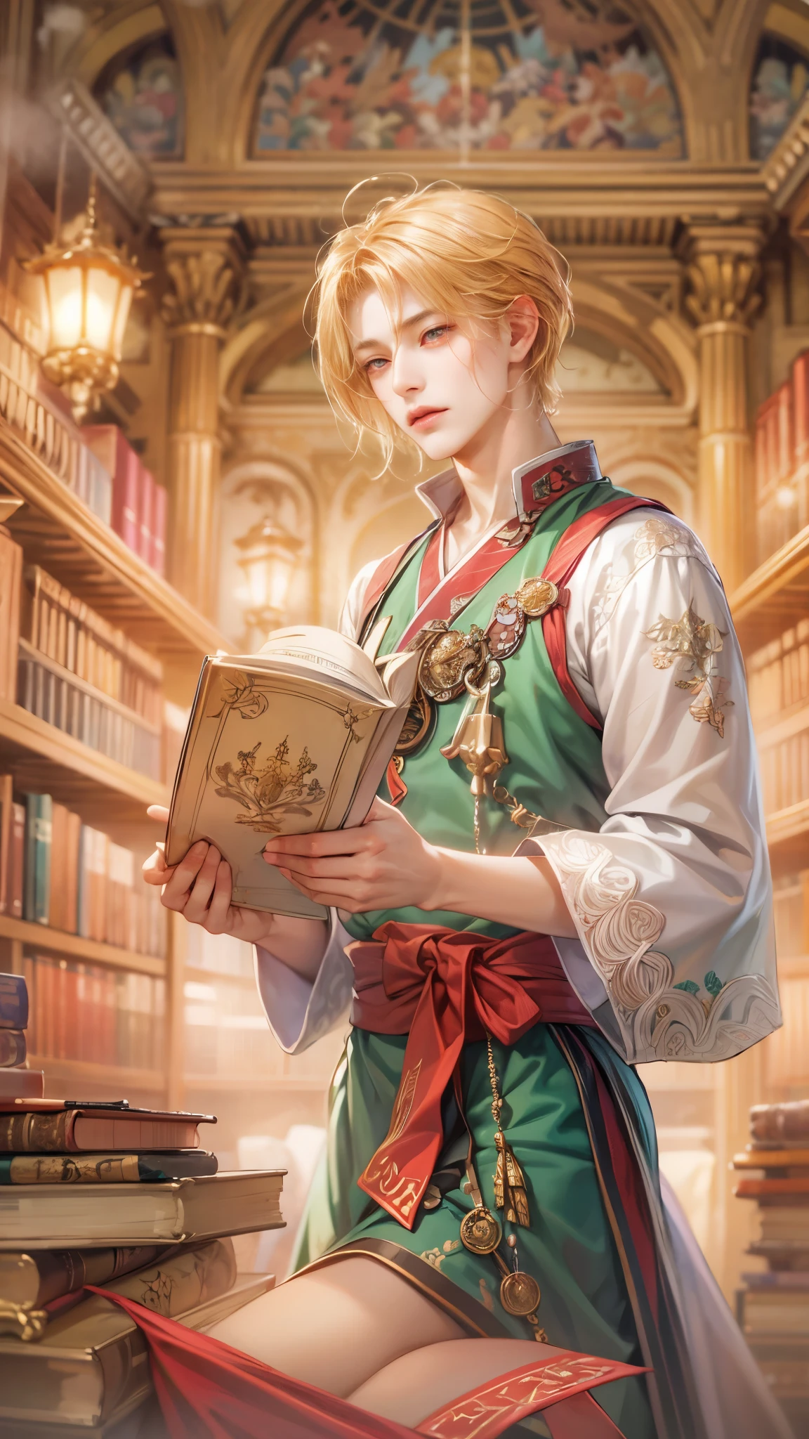 (absurdres, highres, ultra detailed, HDR), masterpiece, intricate details, best quality close-up picture of a character from Ragnarok Online, a character with handsome looks, korean face, apricot hair, short hair, anime pink eyes, matured , sage outfit showing chest, crop top, detailed magical Library of ymir background, festive scenery, detailed character, art kenouji