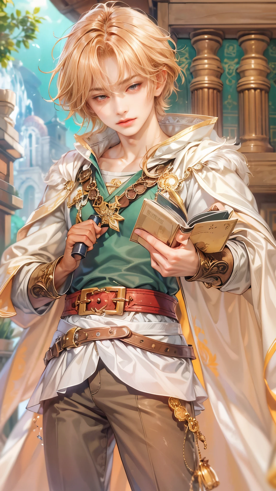 (absurdres, highres, ultra detailed, HDR), masterpiece, intricate details, best quality close-up picture of a character from Ragnarok Online, a character with handsome looks, korean face, apricot hair, short hair, anime pink eyes, matured teen, sage outfit showing chest, crop top, detailed magical Library of ymir background, festive scenery, detailed character, art kenouji