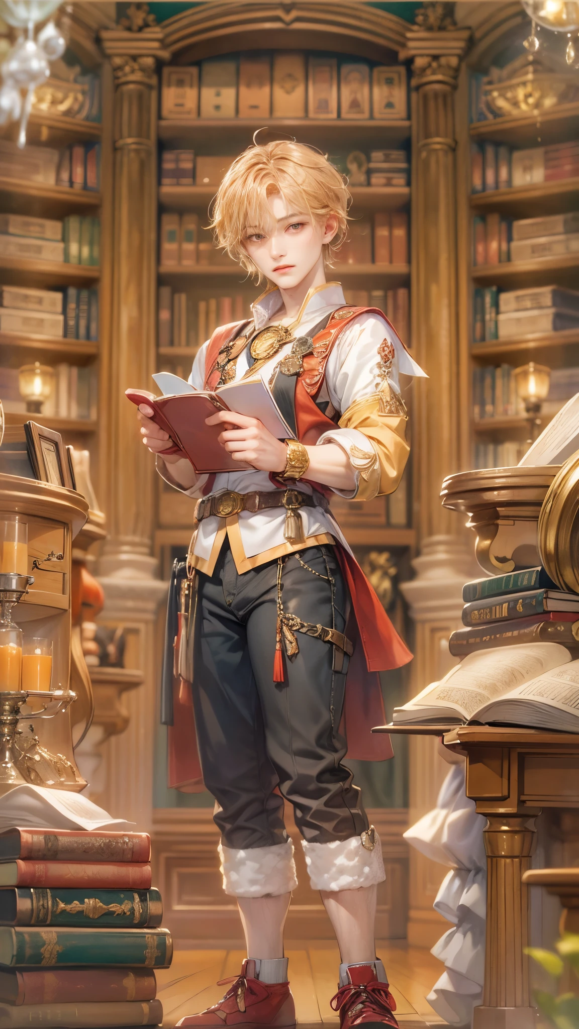 (absurdres, highres, ultra detailed, HDR), masterpiece, intricate details, best quality close-up picture of a character from Ragnarok Online, a character with handsome looks, korean face, apricot hair, short hair, anime pink eyes, matured , sage outfit showing chest, crop top, detailed magical Library of ymir background, festive scenery, detailed character, art kenouji