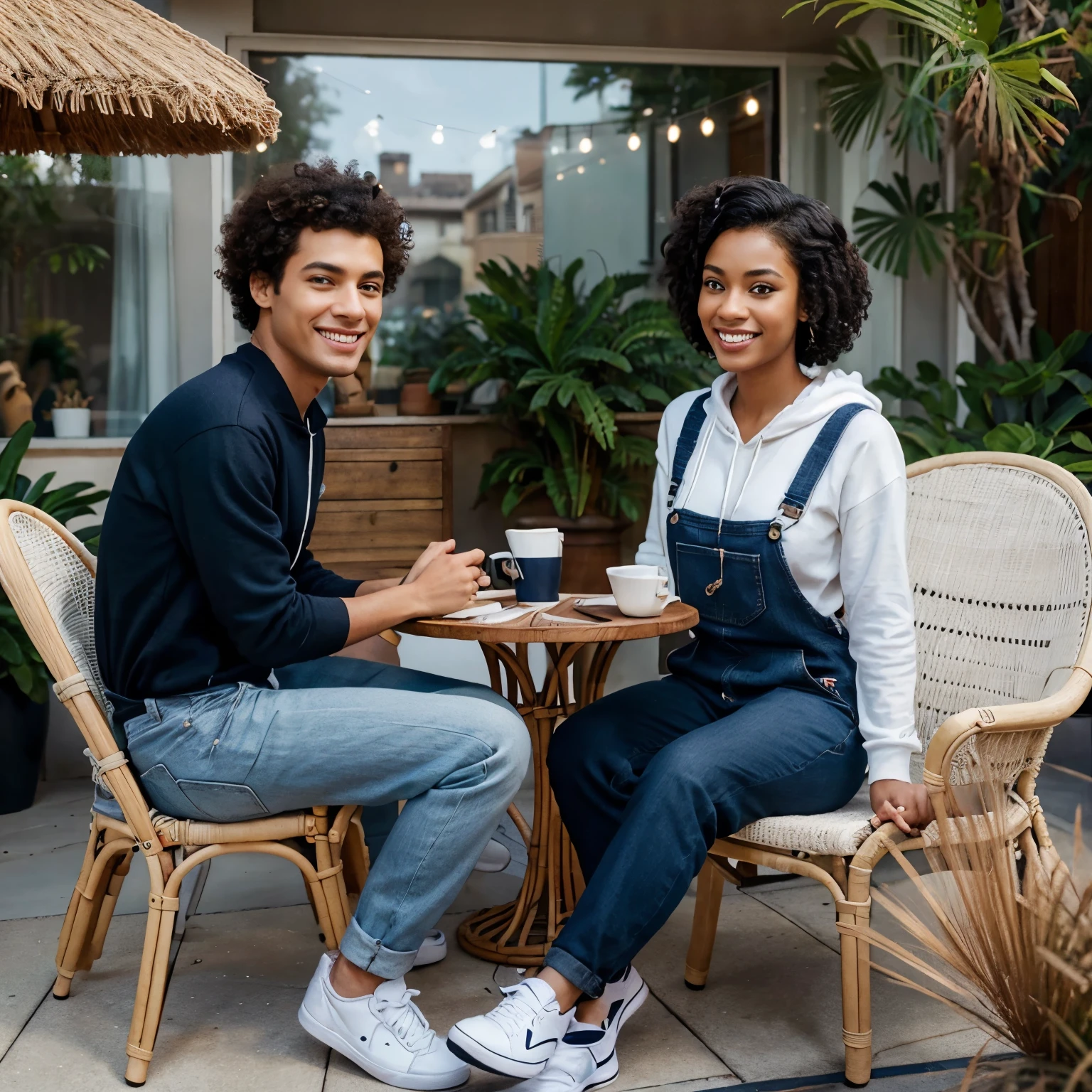 Disney Pixar poster that say character male with short curly afro hair, smiling,handsome, wear navy hoodie and black jeans and black white shoes sitting on a white rattan chair with a woman with simple make-up and straight hair, wear a Navy blue overall dress and sitting to the left of the man on the terrace, 3D animation