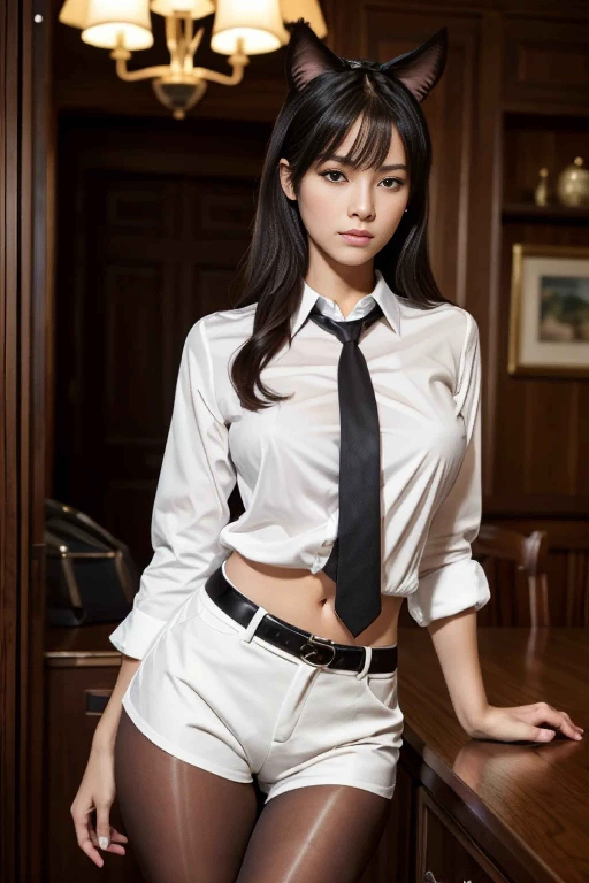 (((medium full shot))), (Masterpiece, Photorealistic, photorealism, Best quality, ultra detailed:1.3), (good hands, perfect hands), Official art, cinematic light, (1 girl:1.3), adult, One, long hair, Breast, I look at the viewer, bang, Green eyes, large Breast, shirt, Black hair, long sleeves, animal ears, hair between eyes, closed mouth, standing, white shirt, tights, tie, shorts, collared shirt, in room, animal ear fluff, thigh strap, black shorts, hip gap, red tie, brown tights, legwear under shorts, arm under Breast, high-waist shorts, very detailed, Beautiful, Breathtaking, difficult, elegant, luxurious, sharp focus, color, dramatic ambient background, rich deep colors, dynamic, deafening, Attractive, exalted, chill, creative, amazing, Cute, gentle, passionate, cute, very inspiring, professional, inspired, colorful, epic