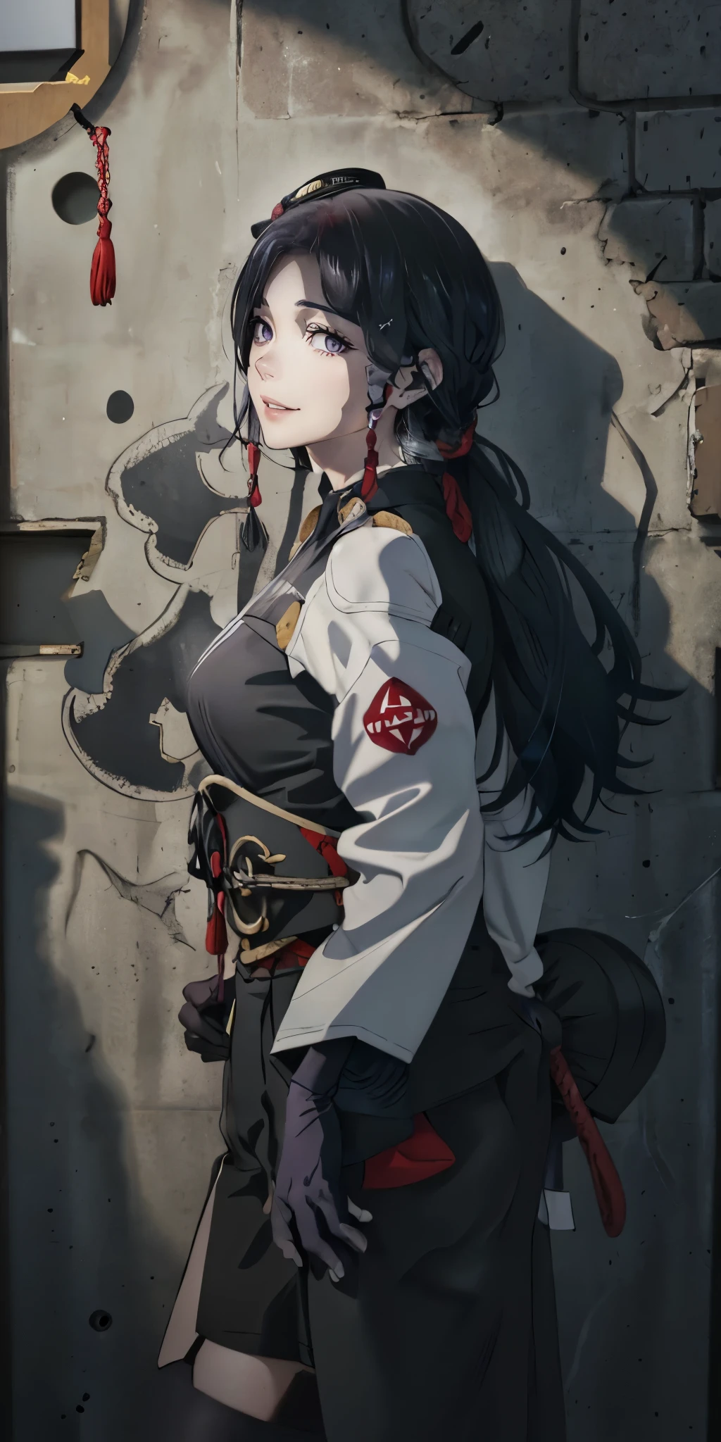 yamashiro768, black hair, anatomically correct, best quality, masterpiece, high quality, high details, highres, HD, (shaded face:1.2), hollow eyes, purple eyes, looking at viewer, seductive smile, Masterpiece, 1girl, busty woman, standing in front of a graffiti wall, spray can , (base cap:1.3), long black hair, braided ponytail, cowboy shot
