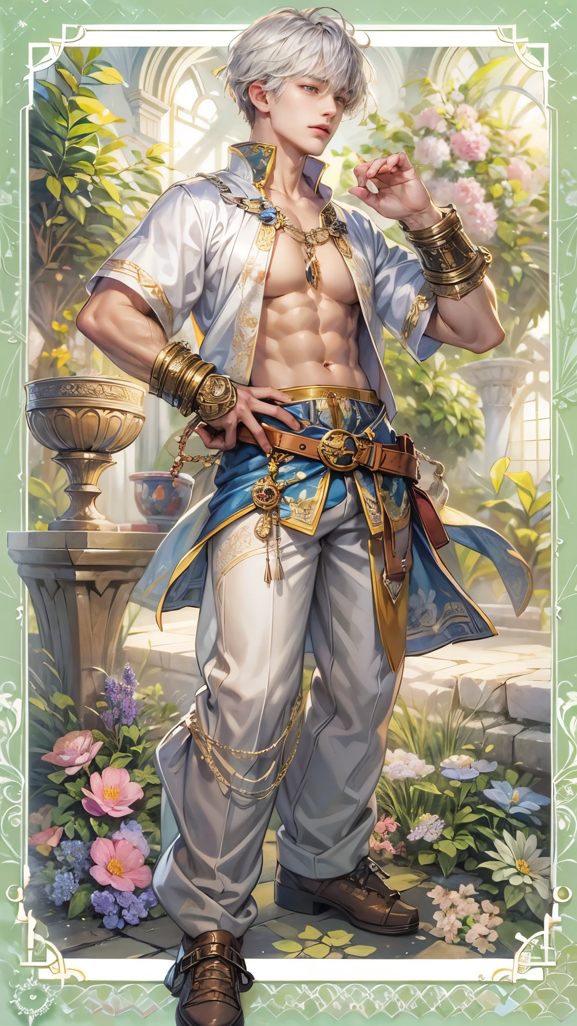 Highest quality, master work, chest muscles, half nude, pull-on top, silver hair, covering one eye, green cape, chest skin, sexy and charming, backrest, sitting, legs up, erlang legs, (half nude: 1.5), revealing chest skin, revealing abdominal skin, necklace, collarbone, close-up,