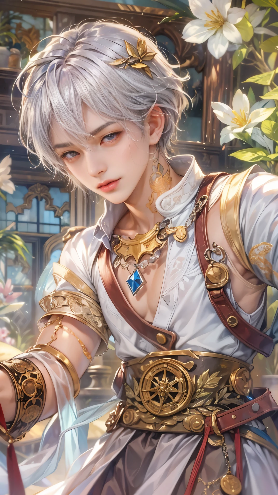 (absurdres, highres, ultra detailed, HDR), masterpiece, intricate details, best quality close-up picture of a character from Ragnarok Online, a character with handsome looks, korean face, grey hair, short hair, anime pink eyes, matured teen, alchemist outfit showing chest, crop top, detailed greenhouse flowery background, festive scenery, detailed character, art kenouji