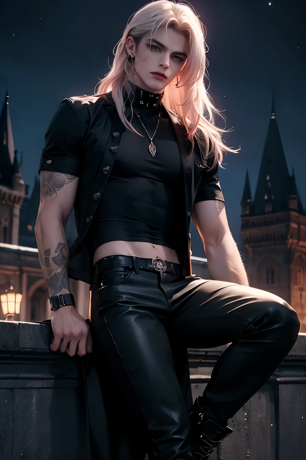 ((Best quality)), ((masterpiece)), (detailed), ((perfect face)), ((halfbody)) perfect proporcions, He is a handsome vampire, he is 18 years old, he has long wavy white hair, white skin, abs and marked hips, he wears a black T-shirt and tight pants, bare chest, badass, He wears combat boots, he has gothic makeup, piercings and tattoos, there is a full moon behind him, night sky in the background, there are gothic castles in the background and bats flying, vampire ambience((perfect face)) fullbody+, there is a full place behind him, night sky in the background ((perfect face)) fullbody+ , vampire ambience, red hair 