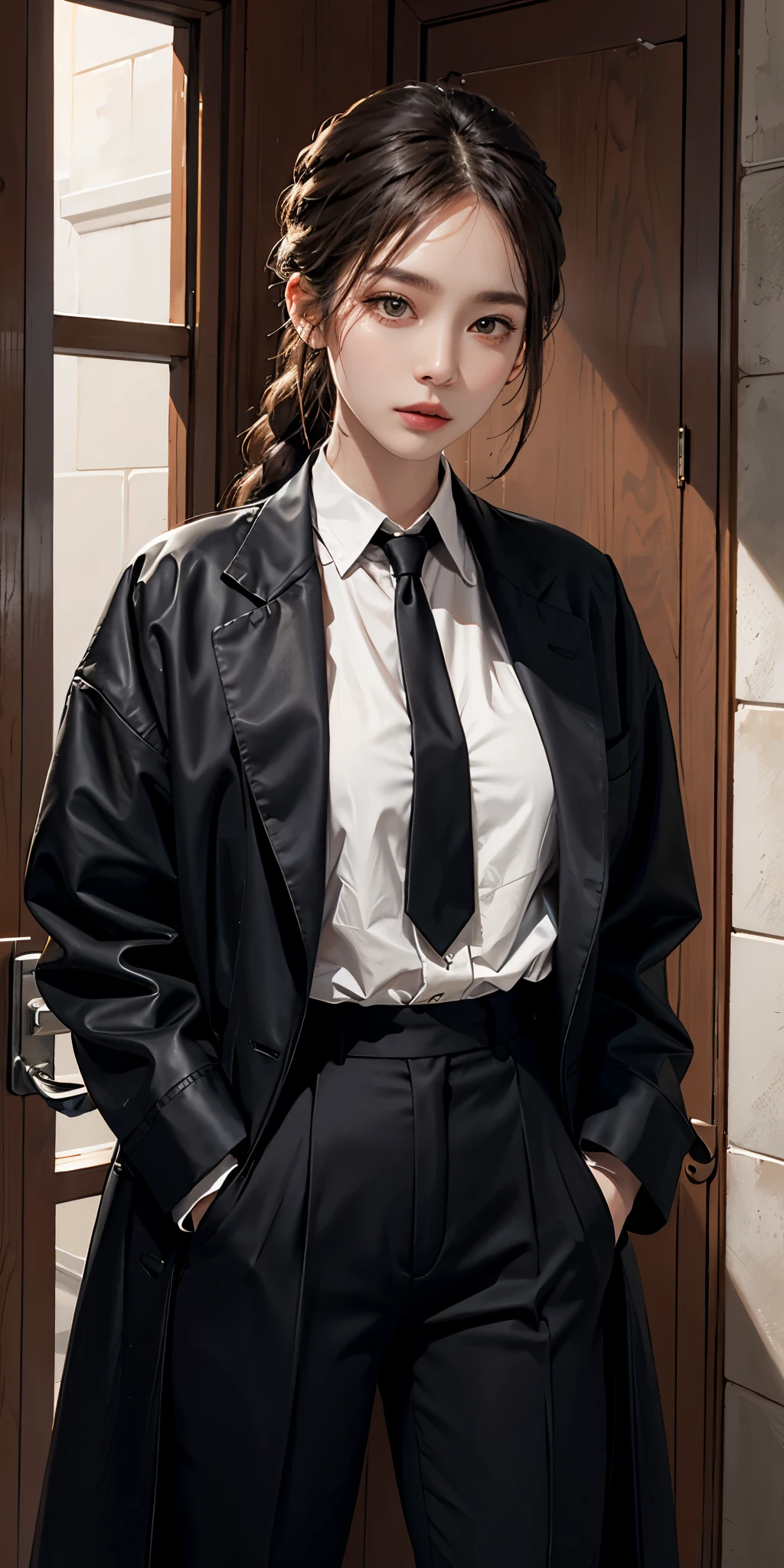 lifelike, high resolution, soft light,1 female, alone, Buttocks up, Shiny skin, (Detailed face), hands in pockets, Braided ponytail, eye socket, formal, coat, collared shirt, black tie, Black pants