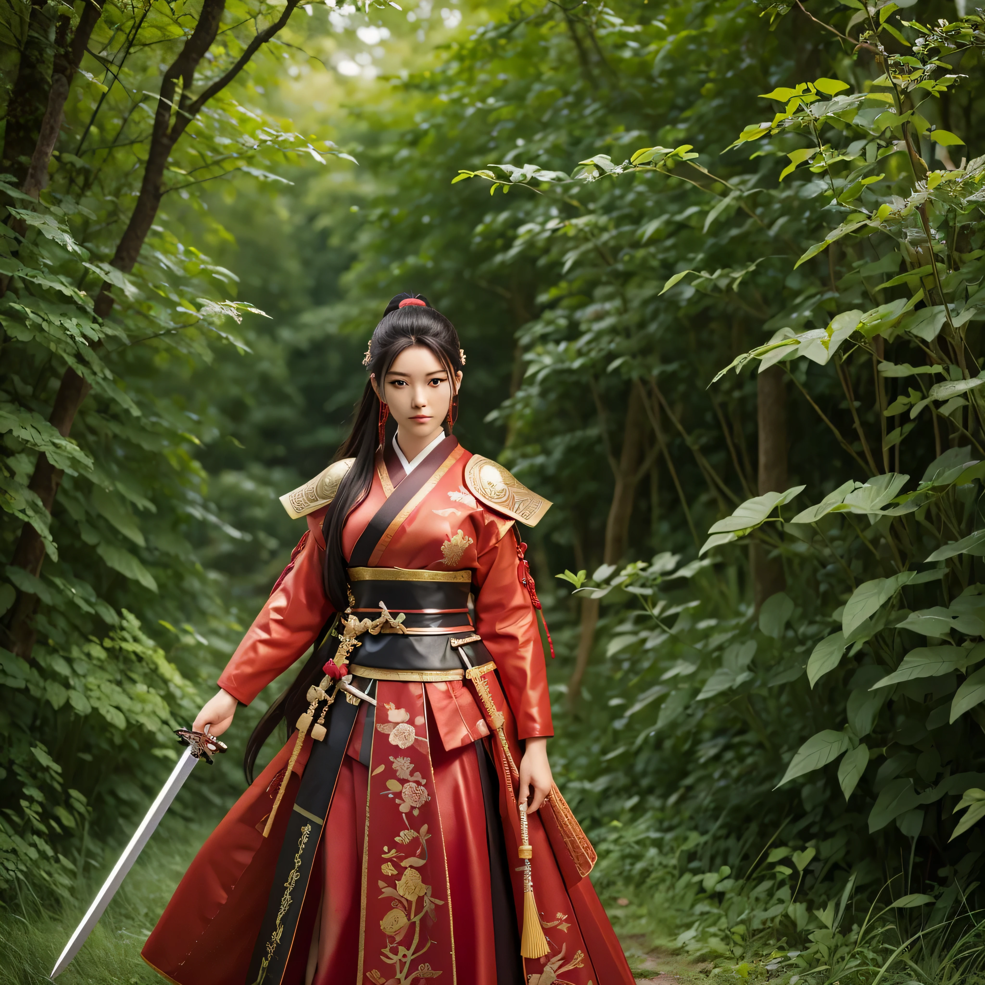 Woman holding sword and red dress in forest, Yang Jie portrait, Art Station Contest Winners, fantasy art, female warrior, very beautiful cyberpunk samurai, Samurai sword, beautiful female warrior, beautiful female warrior, warrior princess, warrior girl, beautiful figure painting, she is holding a Samurai sword sword, japanese samurai, Ono City