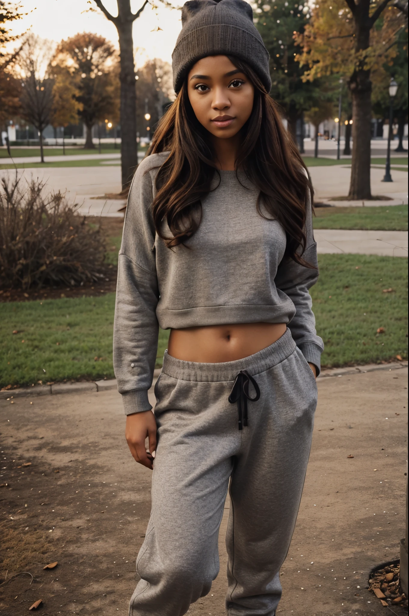 one light ebony girl, medium curly hair, chestnut brown hair, sweater outfit, grey sweatpants, beanie, park background, full body, cute pose, full body, beautiful, 4k, realistic
