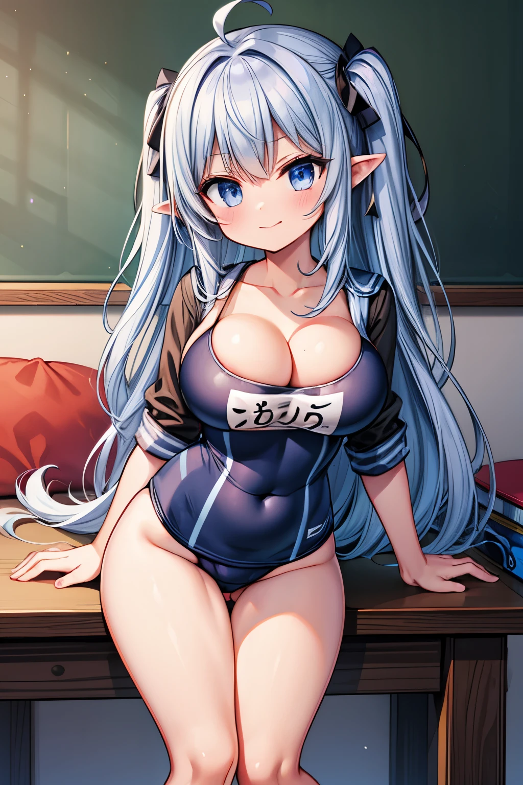 (dark elf girl), (huge breasts:1.2), (school uniform swimsuit underclothes:1.5), (smug:1.2)