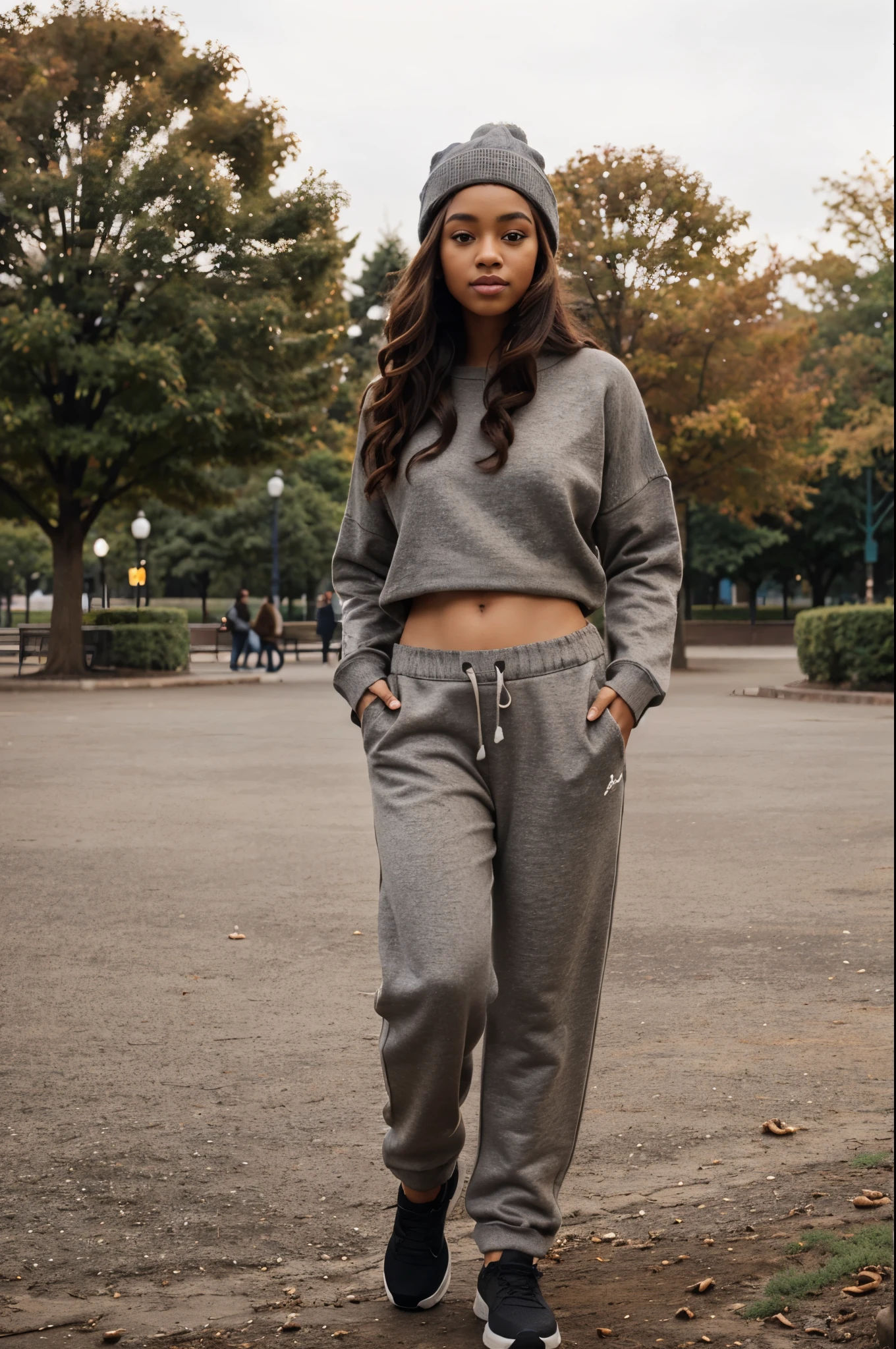 one light ebony girl, medium curly hair, chestnut brown hair, sweater outfit, grey sweatpants, beanie, park background, full body, cute pose, full body, beautiful, 4k, realistic
