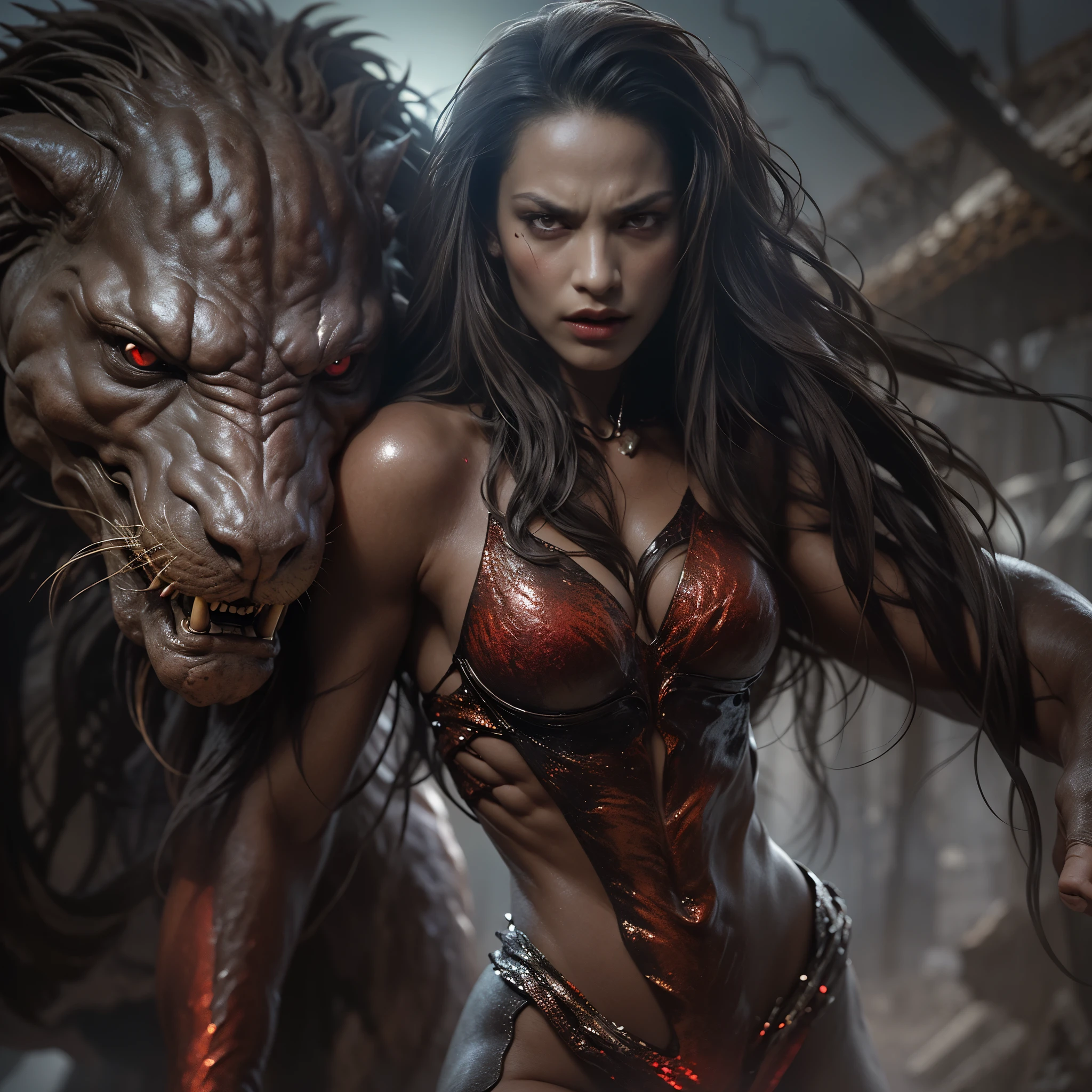 1 female alien, The predator, (extremely beautiful:1.2), (intense gaze:1.4), (predator:1.1), long dark claws, (NSFW:0.8), nipples, thick eyebrows, (shine red eyes:1.5), the most beautiful face in the universe, NSFW,
(Numerous award-winning masterpieces, incredibly detailed and textured, maximal resolution and clarity), (Hyper-realistic: 1.4), (Realistic: 1.3),
A woman with an extremely beautiful face, her intense gaze fixed on her prey, a primal force that could not be denied.

(beautiful lean body:1.5), (muscular build:1.2), (prowling:1.3), (sleek movements:1.4)

Her beautiful body, muscular and toned, moved with sleek grace as she prowled, ready to strike at a moment's notice. The predator within her was always on