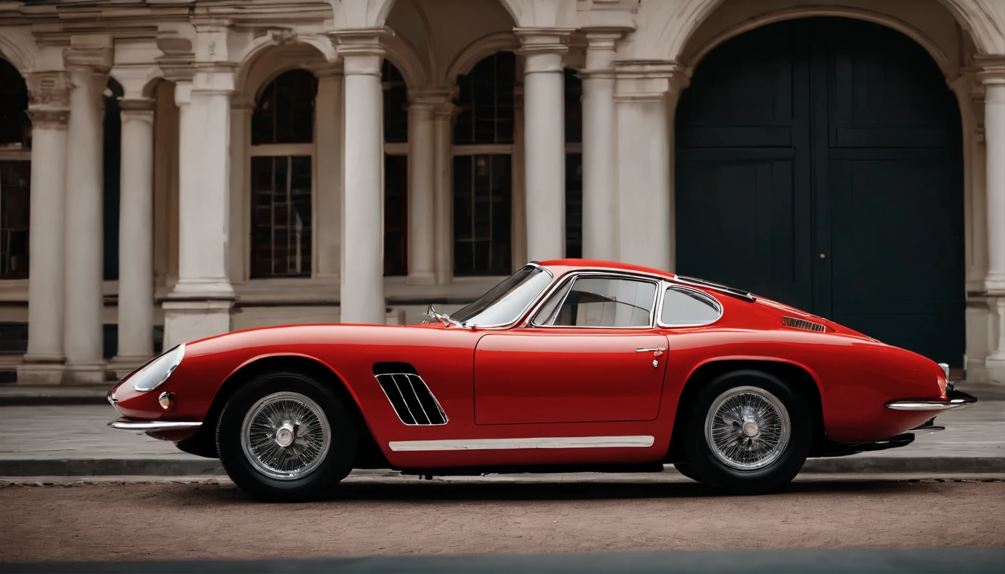 /imagine prompt: A 1967 Ferrari 275 GTB/4 Berlinetta in color red, parked in front of a historic building, captured in documentary style to highlight its timeless elegance and architectural beauty