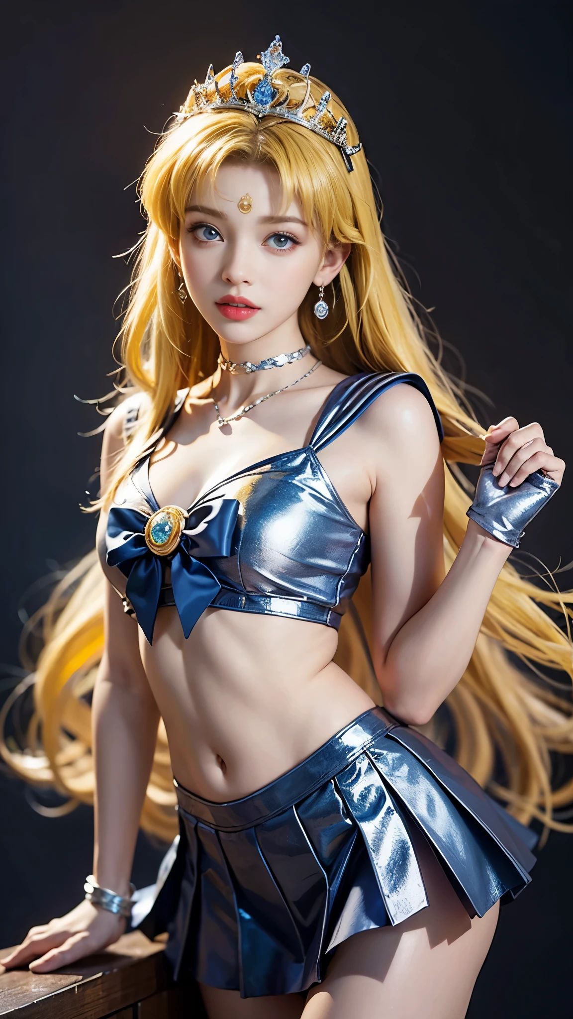 ((masterpiece:1.4)、(highest quality:1.4)、(realistic:1.7))、Masseter muscle part:1.4、beautiful girl、(sailor moon:1.4)、beautiful blue eyes、moon野うさぎ、Body fit sexy sailor warrior uniform、(latex shiny)、(The jacket is a white sleeveless sailor uniform.)、(Skirt Blue Sexy Ultra Ultra Pleated Mini Skirt)、The collar of the sailor suit is blue with two thin lines.、red cloth decoration on the chest、(wearing white gloves)、pretty girl、Super beautiful、portrait photography、Upper body shot:1.4、(yellow hair:1.4)、(hair length:1.2)、RAW photo、red lips、red high heels:1.4、choker:1.4、necklace:1.4、earrings:1.4、(luxurious silver tiara:1.4)、1 screen display、moon、universe、universe船、cosmos、