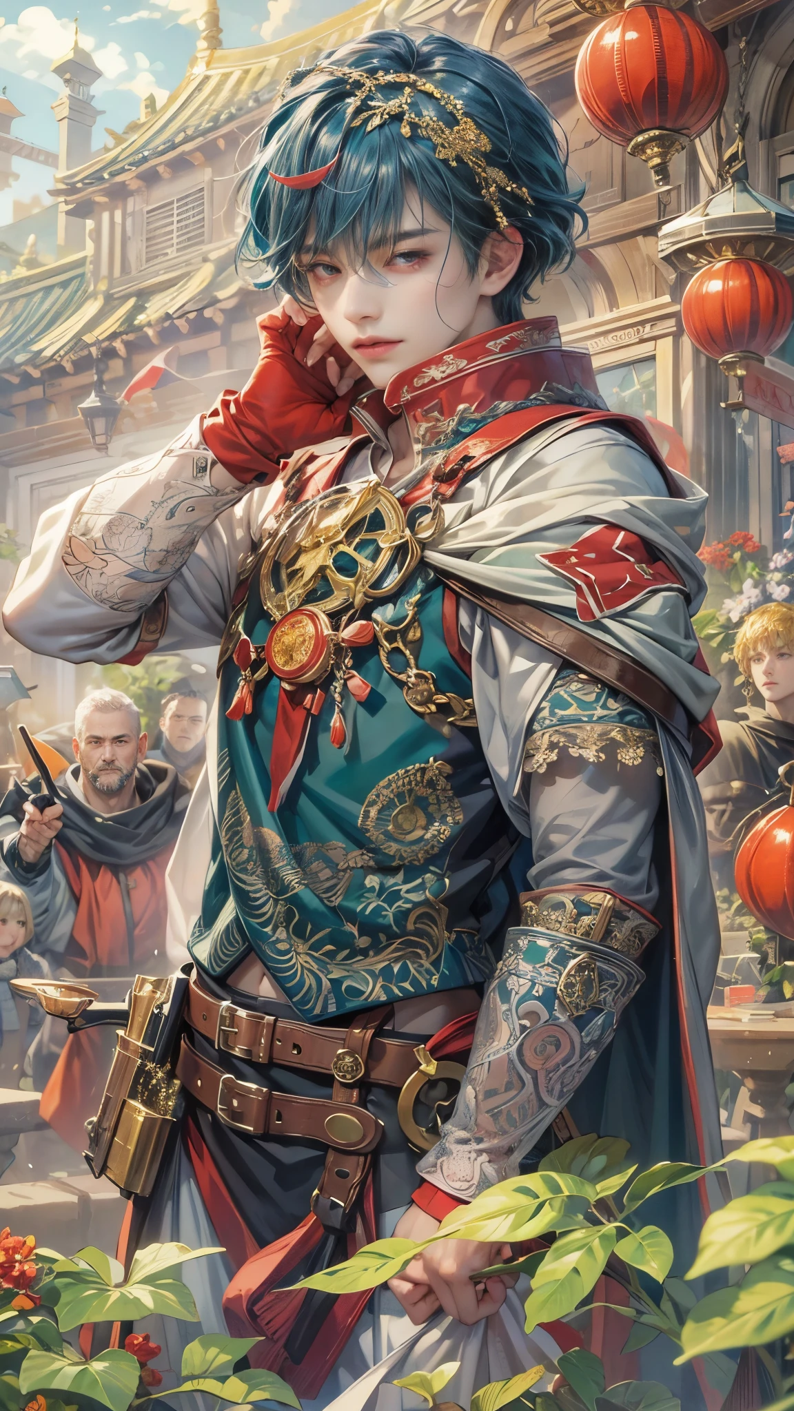 (absurdres, highres, ultra detailed, HDR), masterpiece, intricate details, best quality close-up picture of a character from Ragnarok Online, a character with handsome looks, korean face, dark teal hair, short hair, anime red eyes, matured , alchemist outfit showing chest, crop top, detailed greenhouse flowery background, festive scenery, detailed character, art kenouji