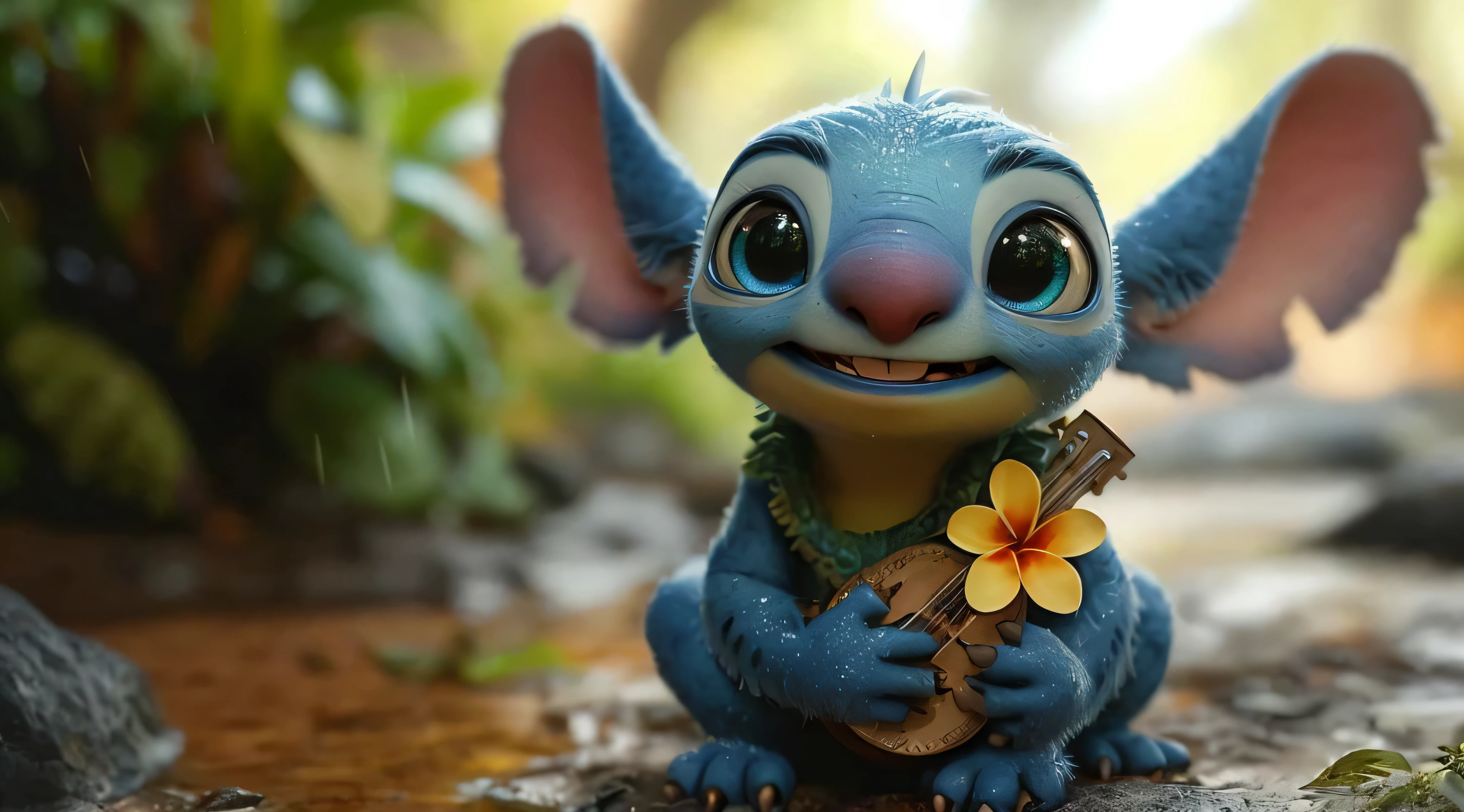 There is a little blue toy with a flower, adorable digital painting, Lilo and Stitch, cute 3D rendering, photorealistic Disney, cute detailed digital art, in the style of Disney animation, from the movie Lilo and Stitch. Disney style art, cute Pixar character, happy and brave magical cuteness, cute little troll, cute detailed artwork, HD wallpaper, cute pixar character design