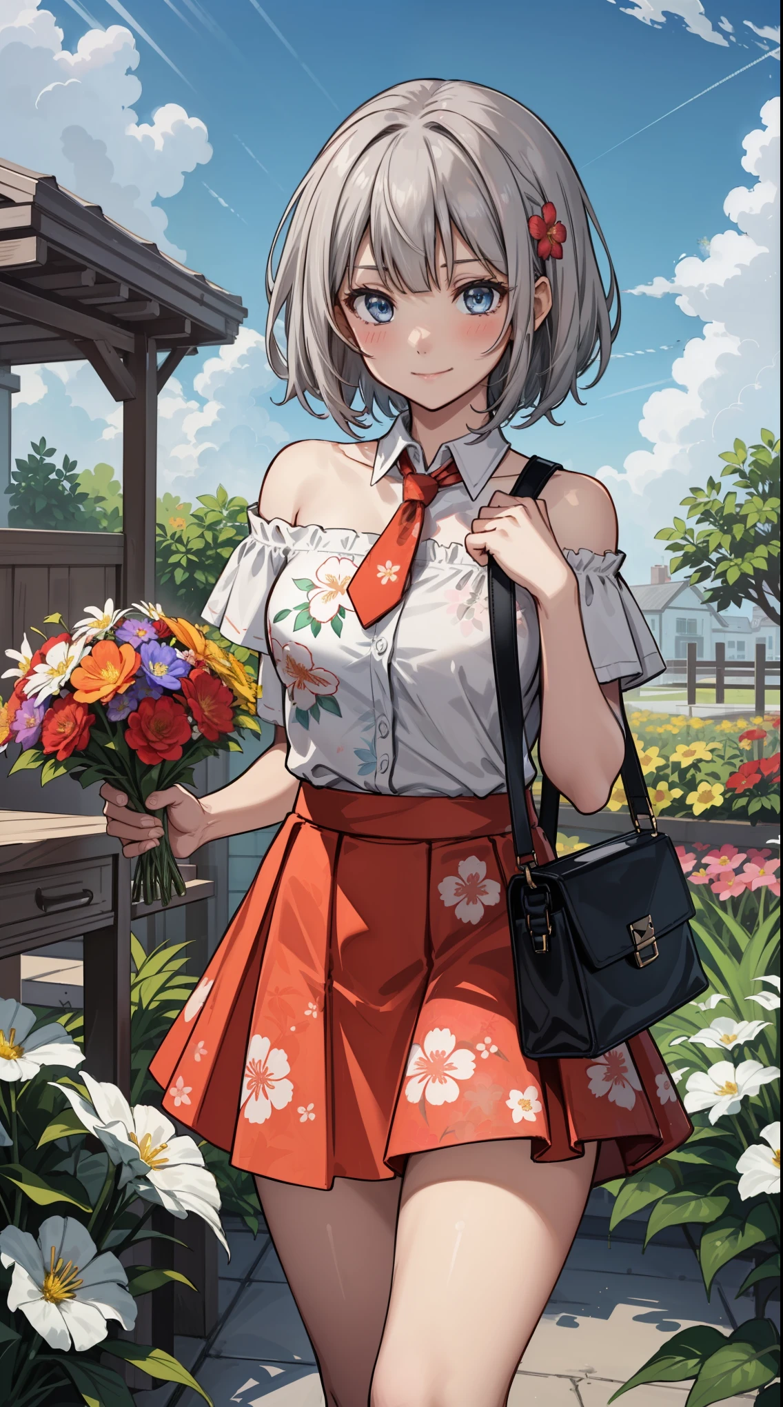 1 girl:1.2, cute, （smile:1.4,blush:0.6）,break（medium breasts:1.3), (outdoors), looking at the viewer, （gradient silver bob cut）, （blue eyes),break（(flower garden, colorfulな花)）,（dazzling sunlight,blue sky,White cloud）, break（(white off shoulder shirt),BREAK（(just the collar of a white shirt）,（thin light red tie)）, break（(floral print skirt）,（gray microflare skirt:1.5)）,break（(Put the bag strap over your shoulder）,（light brown shoulder bag)）, break（(standing pose)）,cowboy shot, americanism, fluid, particles of light, Light of the sun, Fine skin texture,  scattered below the surface,break (8k wallpaper,table top, highest qualityの, highest quality, beautiful and aesthetic:1.2), very detailed, (colorful), best details,break（holding a large bouquet of flowers）:1.5