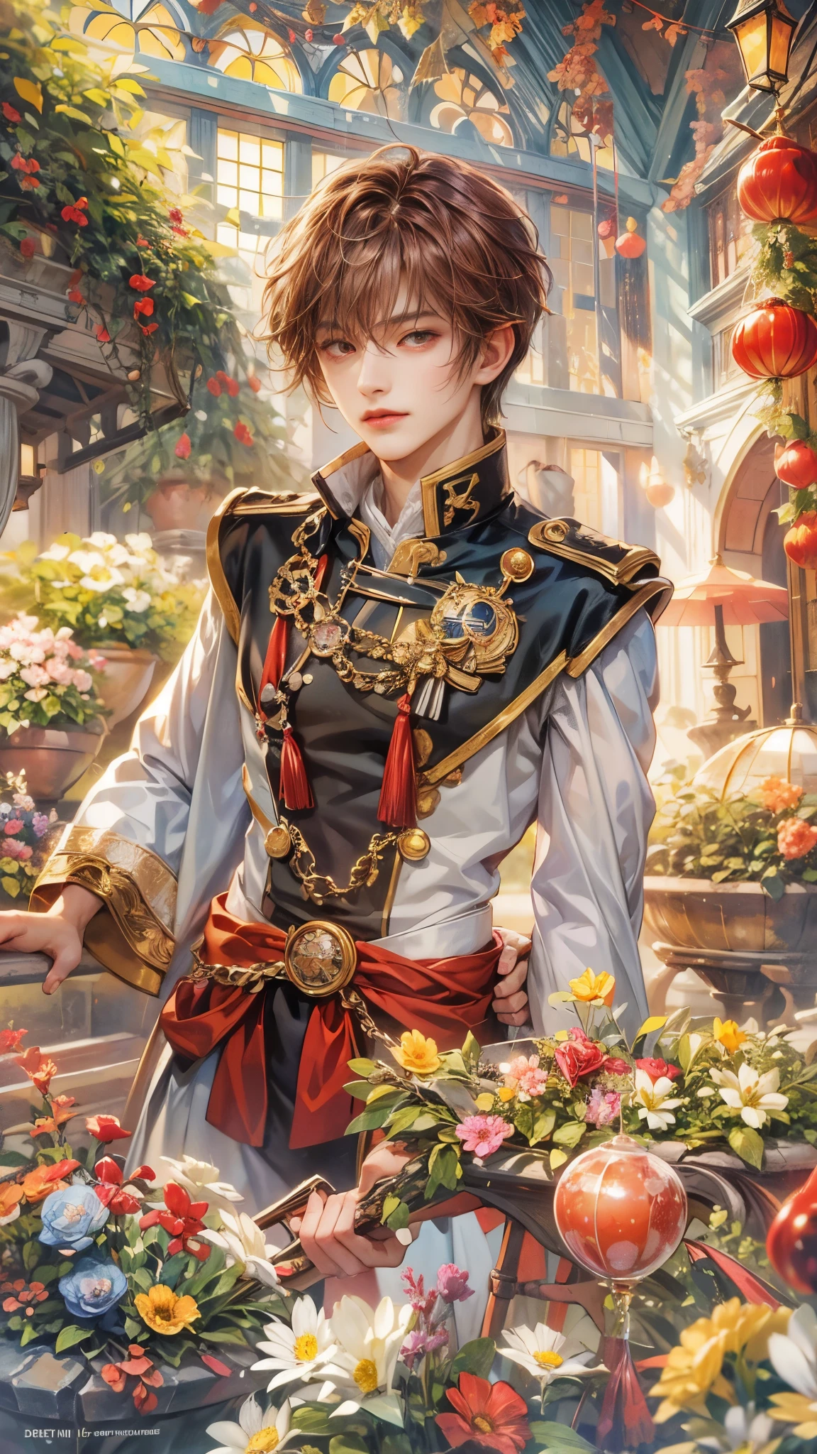 (absurdres, highres, ultra detailed, HDR), masterpiece, intricate details, best quality close-up picture of a character from Ragnarok Online, a character with handsome looks, korean face, dark crimson hair, short hair, anime red eyes, silly face, matured , Versailles outfit showing chest, crop top, detailed greenhouse flowery background, festive scenery, detailed character, art kenouji