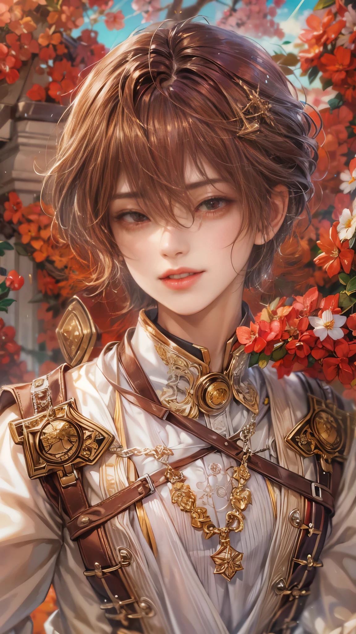 (absurdres, highres, ultra detailed, HDR), masterpiece, intricate details, best quality close-up picture of a character from Ragnarok Online, a character with handsome looks, korean face, dark crimson hair, short hair, anime red eyes, silly face, matured , Versailles outfit showing chest, crop top, detailed greenhouse flowery background, festive scenery, detailed character, art kenouji