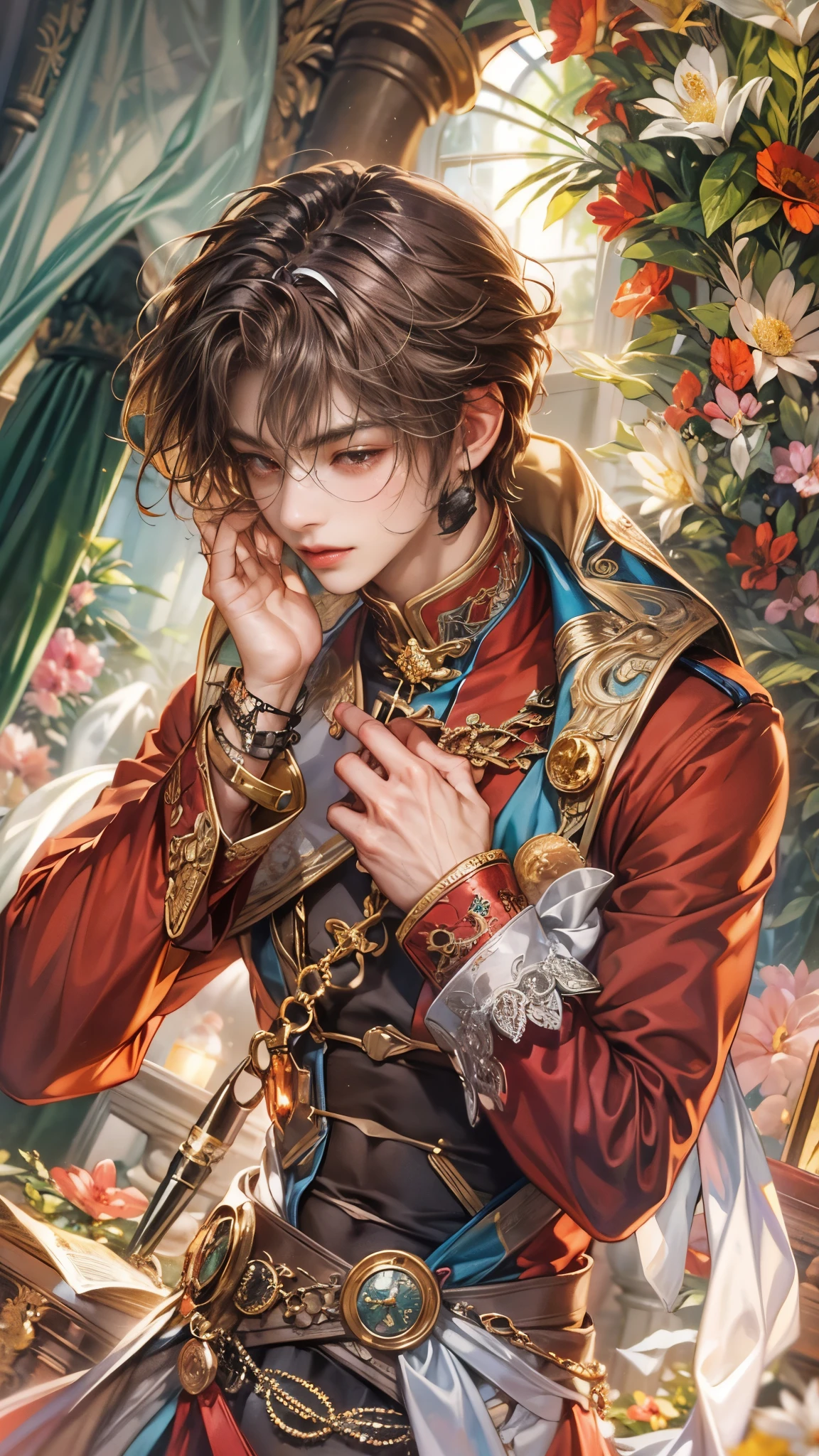 (absurdres, highres, ultra detailed, HDR), masterpiece, intricate details, best quality close-up picture of a character from Ragnarok Online, a character with handsome looks, korean face, dark crimson hair, short hair, anime red eyes, silly face, matured teen, Versailles outfit showing chest, crop top, detailed greenhouse flowery background, festive scenery, detailed character, art kenouji