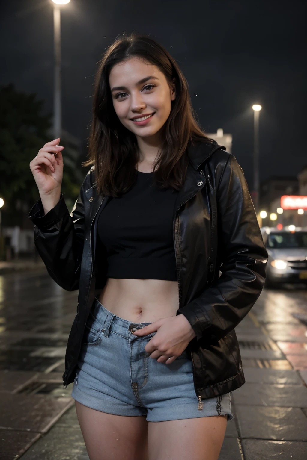 30 year old woman, con una apariencia joven, En la plaza (alone) cantando, with a happy expression (sonriente), mientras llueve, en una tormenta nublada y oscura (sin mucho trafico), con ropa negra( Mejor calidad, super definition, High Definition))