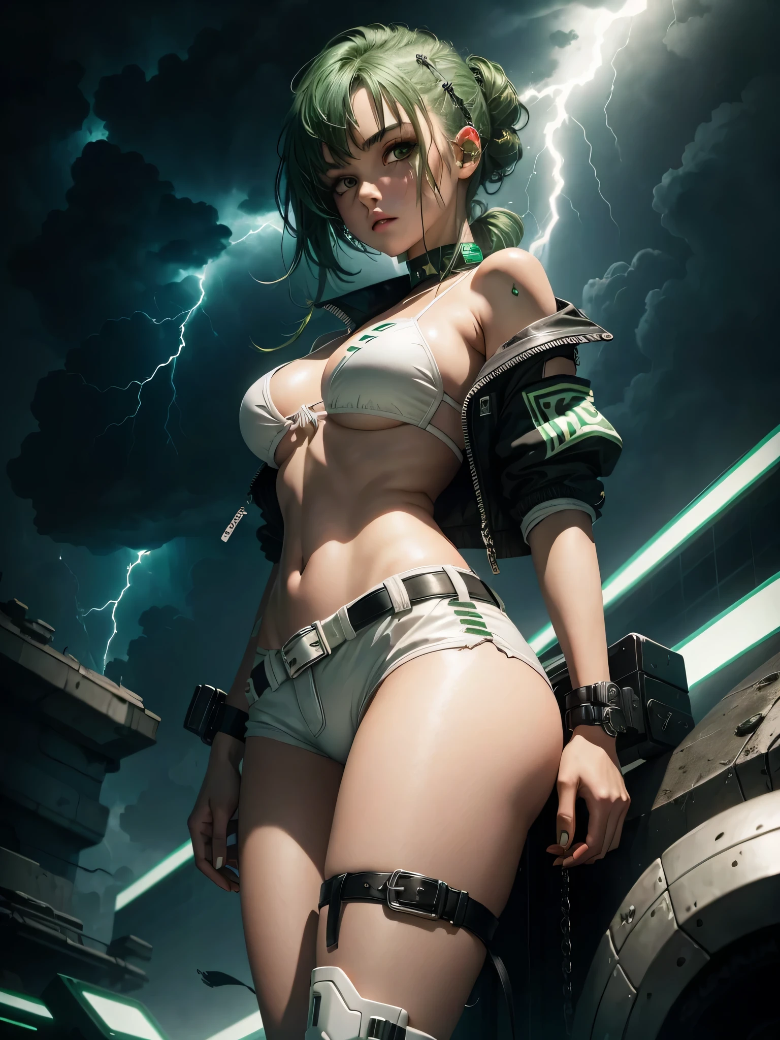 Girl with dark green hair，white bikini，white shorts，boots，close up，lightning，Fantasy cyberpunk
