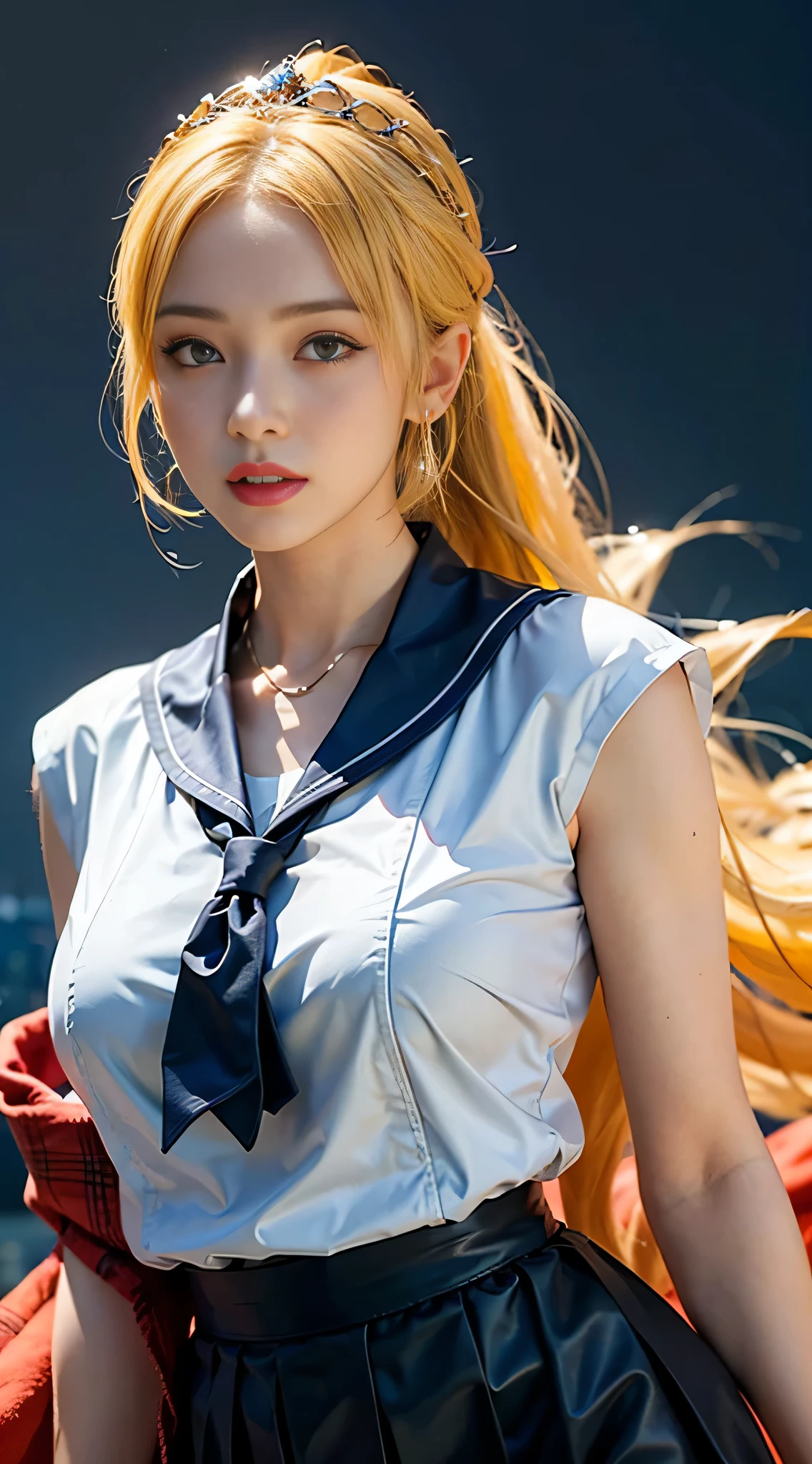 ((masterpiece:1.4)、(highest quality:1.4)、(realistic:1.7))、masterpiece:1.4、(Finest rendering:1.4)、beautiful girl、(beautiful girl戦士セーラームーン:1.4)、moon野うさぎ、body fit sexy sailor senshi uniform、(shiny latex)、(The jacket is a white sleeveless sailor uniform.....)、(Skirt Blue Sexy Ultra Ultra Pleated Mini Skirt)、There are two thin blue lines on the collar of the sailor uniform.................、high leg swimsuit、red cloth decoration on the chest、(wearing white gloves)、pretty girl、super beautiful、sharp focus、portrait photography:1.4、8k、realistic photo images:1.4、(perfect female body:1.4)、perfect proportions、(Upper body shot:1.4)、beautiful face、beautiful eyes、tight waist、(足が長くスタイルの良いbeautiful girl:1.4)、beautiful feet、(yellow hair:1.4)、(long hair:1.2)、(ponytail:1.2)、beautiful breasts、big breasts:1.2、sexy ass、RAW photo、red lips、red high heels:1.4、choker:1.4、necklace:1.4、earrings:1.4、luxurious golden tiara:1.4、1 screen display、moon、universe、universe船、universeステーション、city of the future